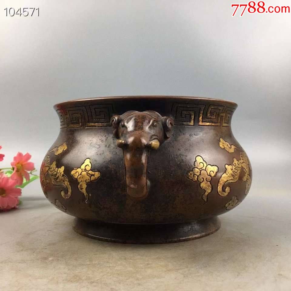 大明成化鎏真金双耳香炉