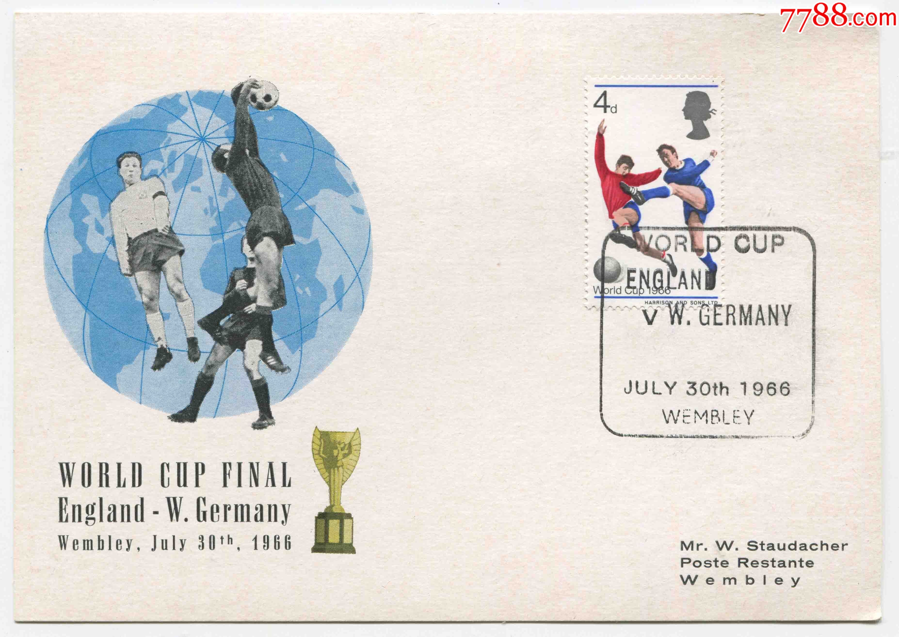 英国邮票1966年世界杯足球赛决赛英格兰西德纪念片fdci17