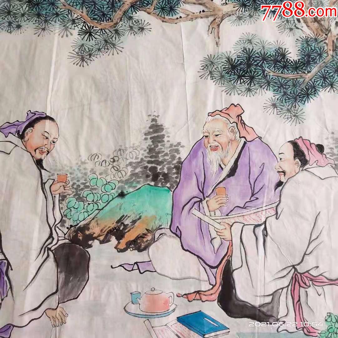 八十年代,没有落款,四尺大尺寸人物画国画会友图,包纯手工绘画