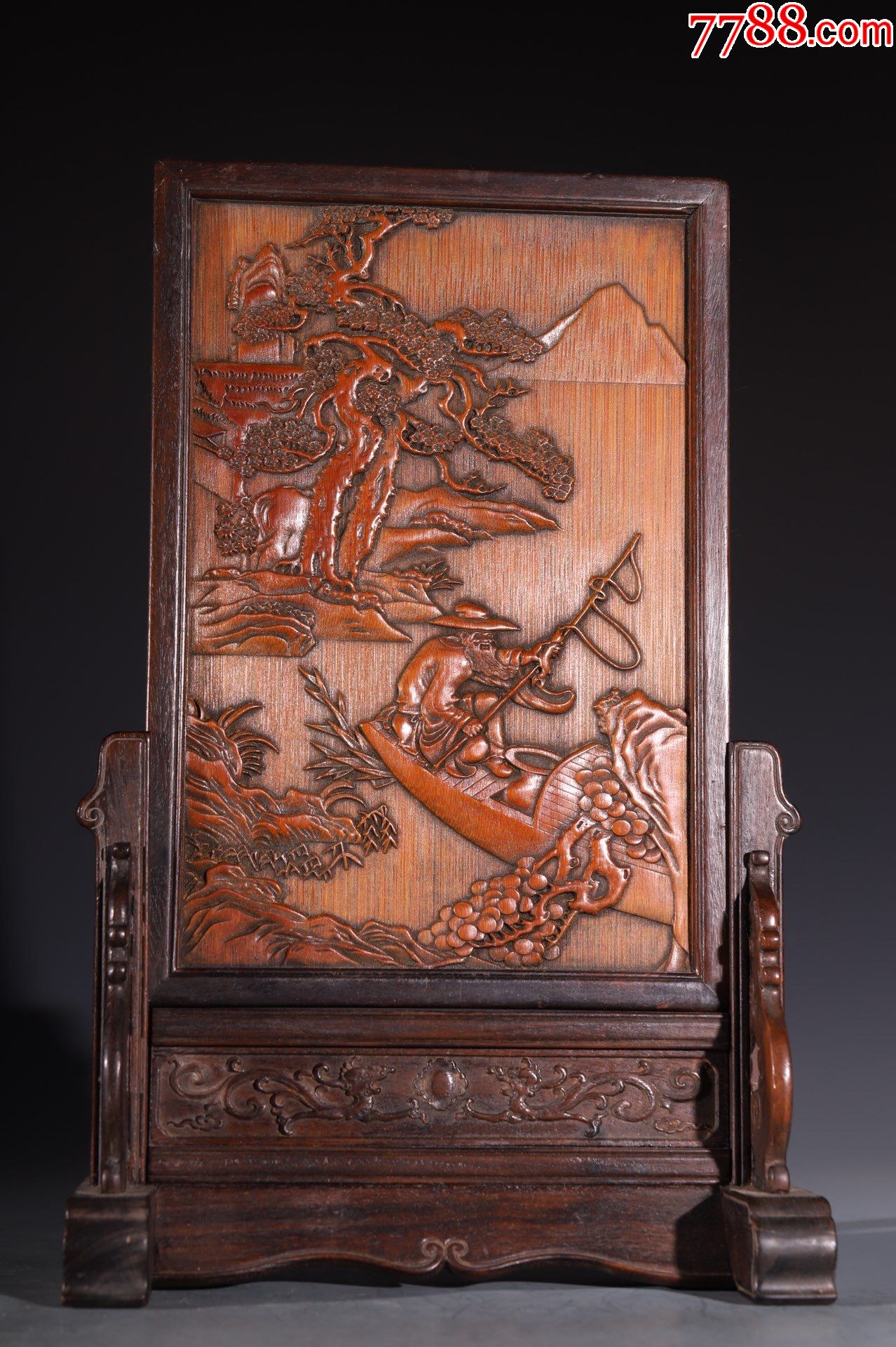 紫檀木镶竹渔翁得利插屏