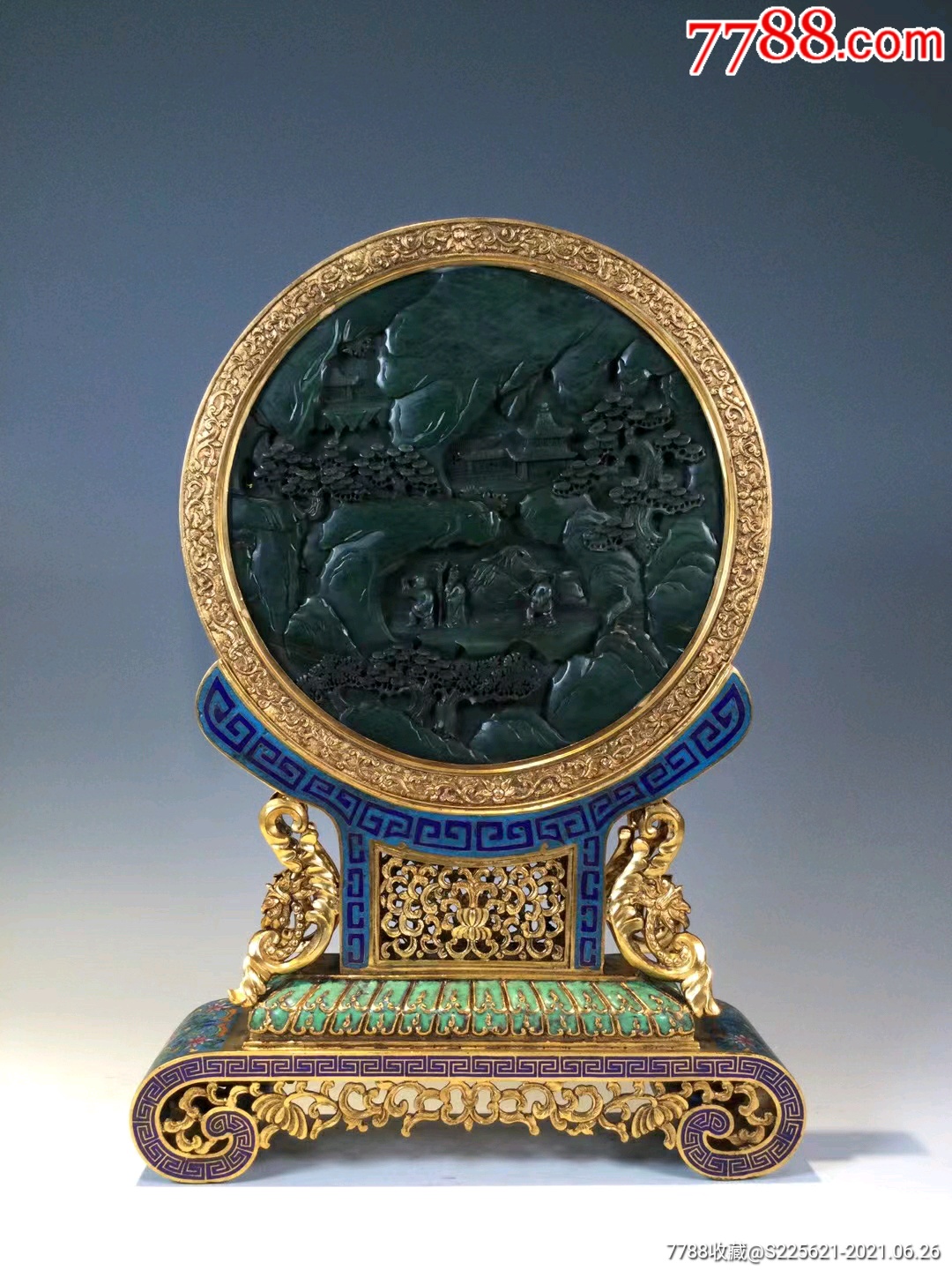 宫廷式?景泰蓝铜胎烧蓝掐丝錾功嵌和田碧玉雕刻山水人物插屏
