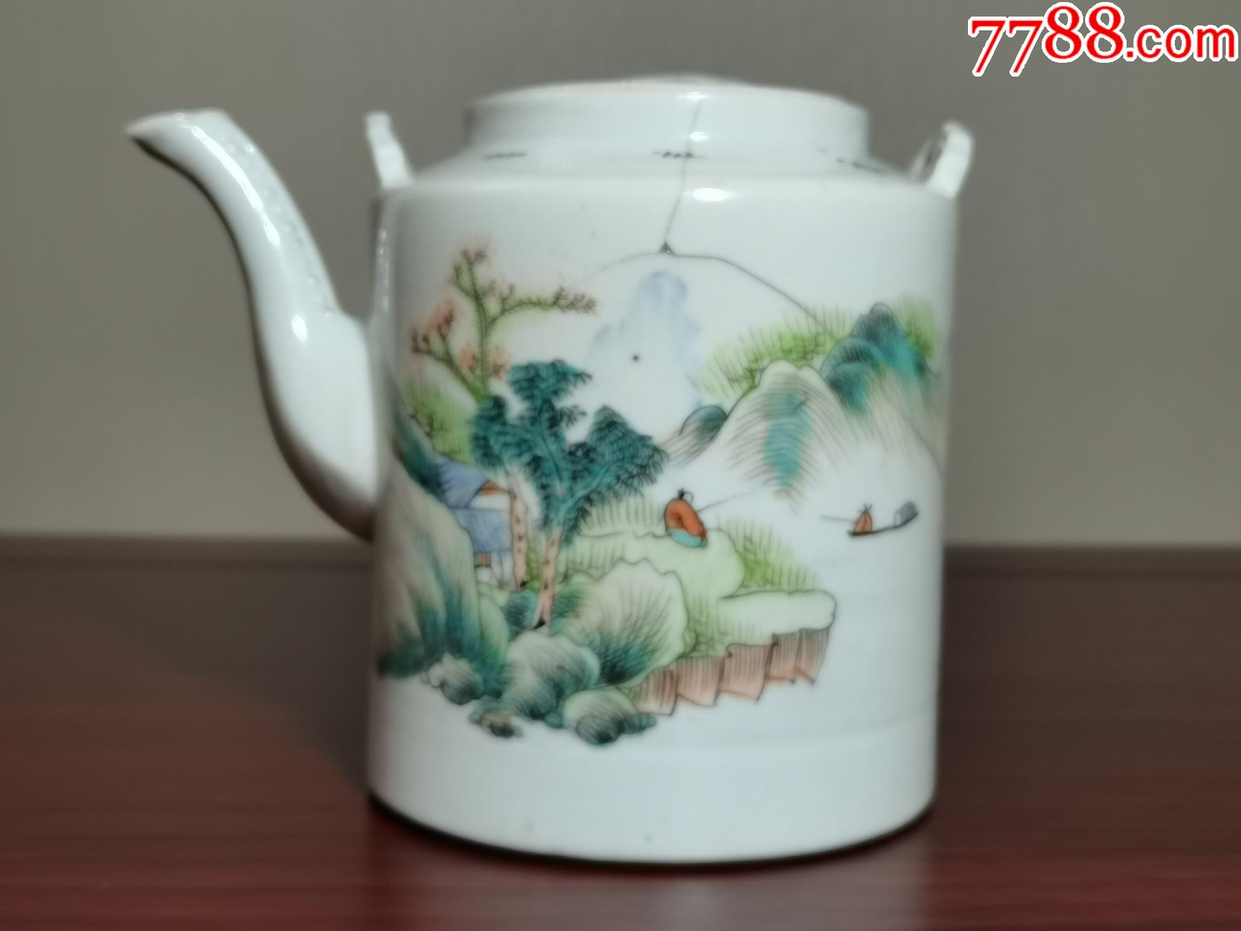 民国淡粉彩山水人物提梁壶瓷茶壶身有裂纹看图其它完好