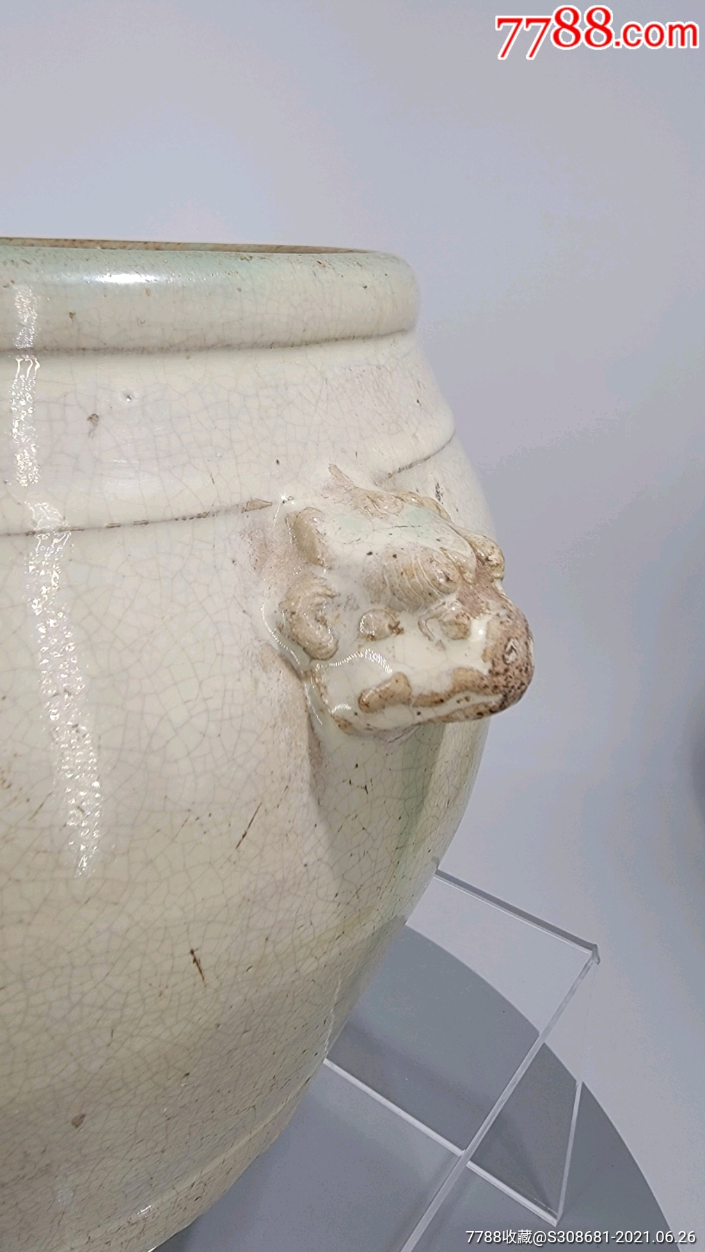 清代华宁窑白釉精品兽首卷缸,文房精品器,口径16厘米,高16厘米,两个兽
