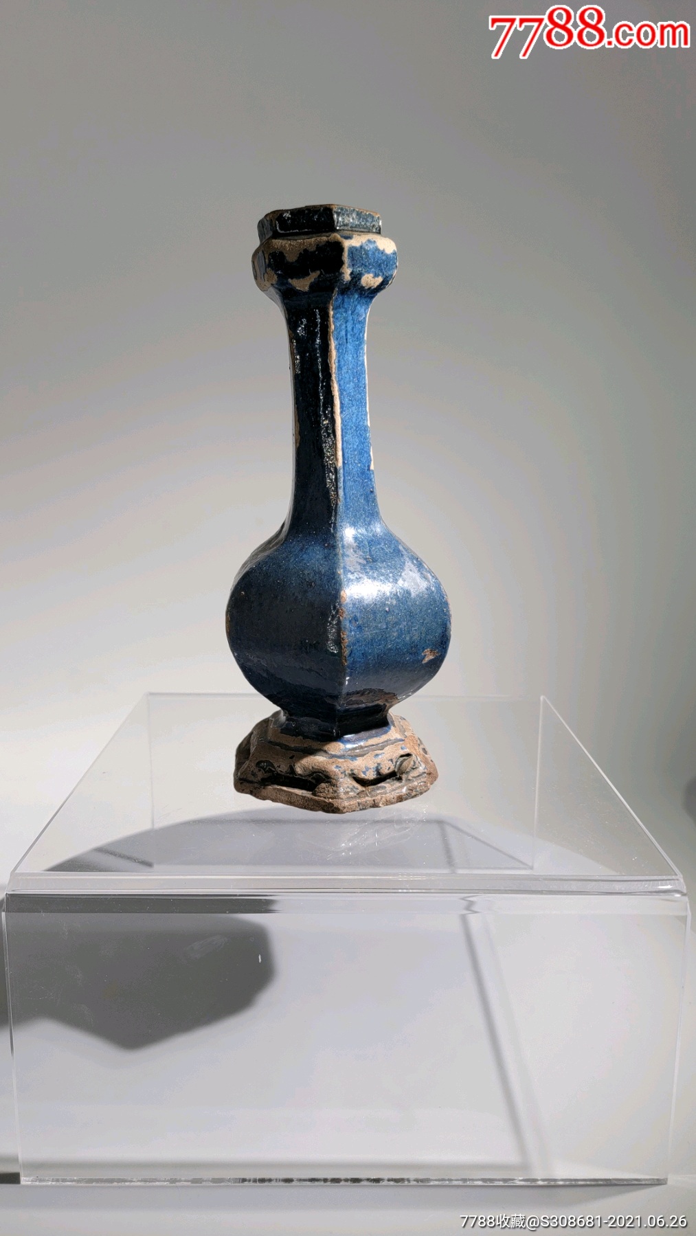 明代华宁窑宝石蓝釉六棱蒜头瓶,孤品,包老保真,属于馆藏级精品