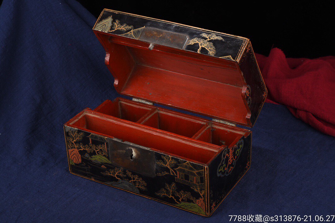 老木胎描金漆器妆奁盒长24cm宽14cm高13cm重792克