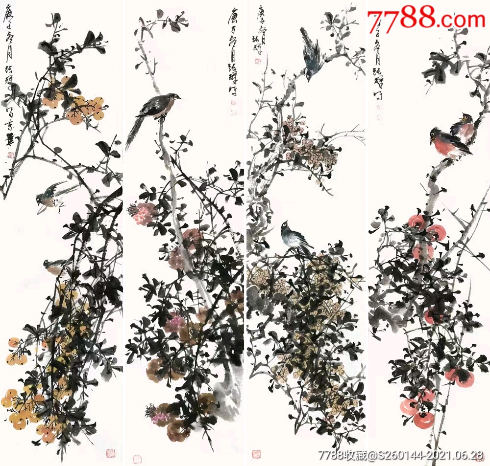 中美协会员张辉花鸟四条屏136×34cm×4