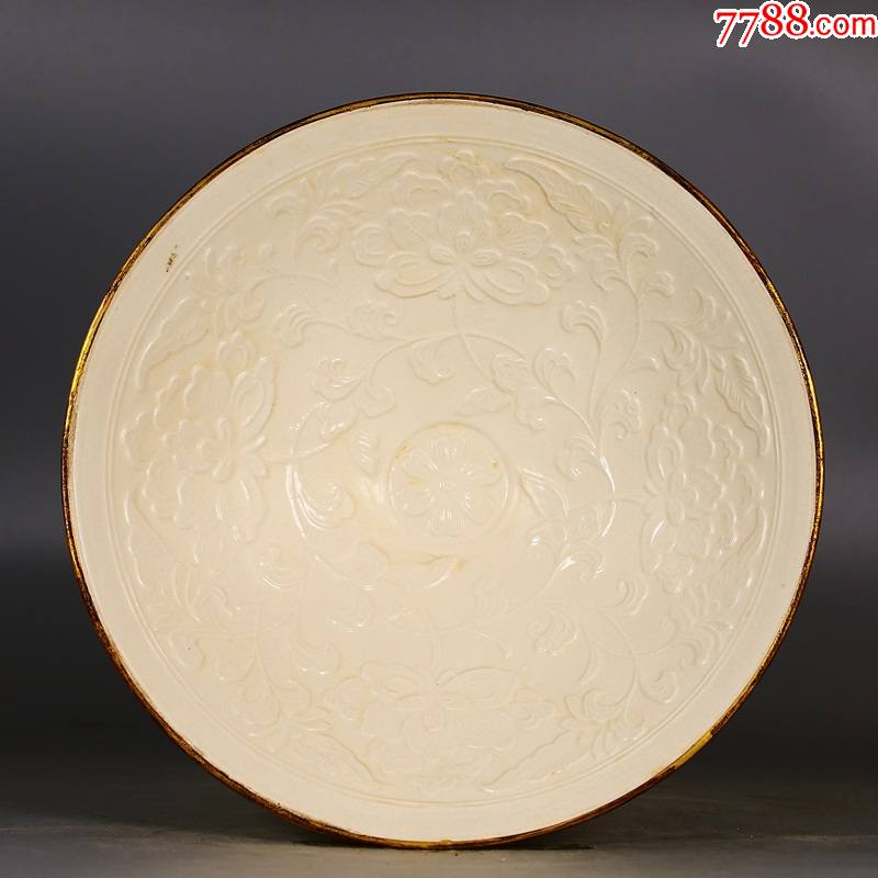 定窑缠枝花纹镶口斗笠碗(工艺品)