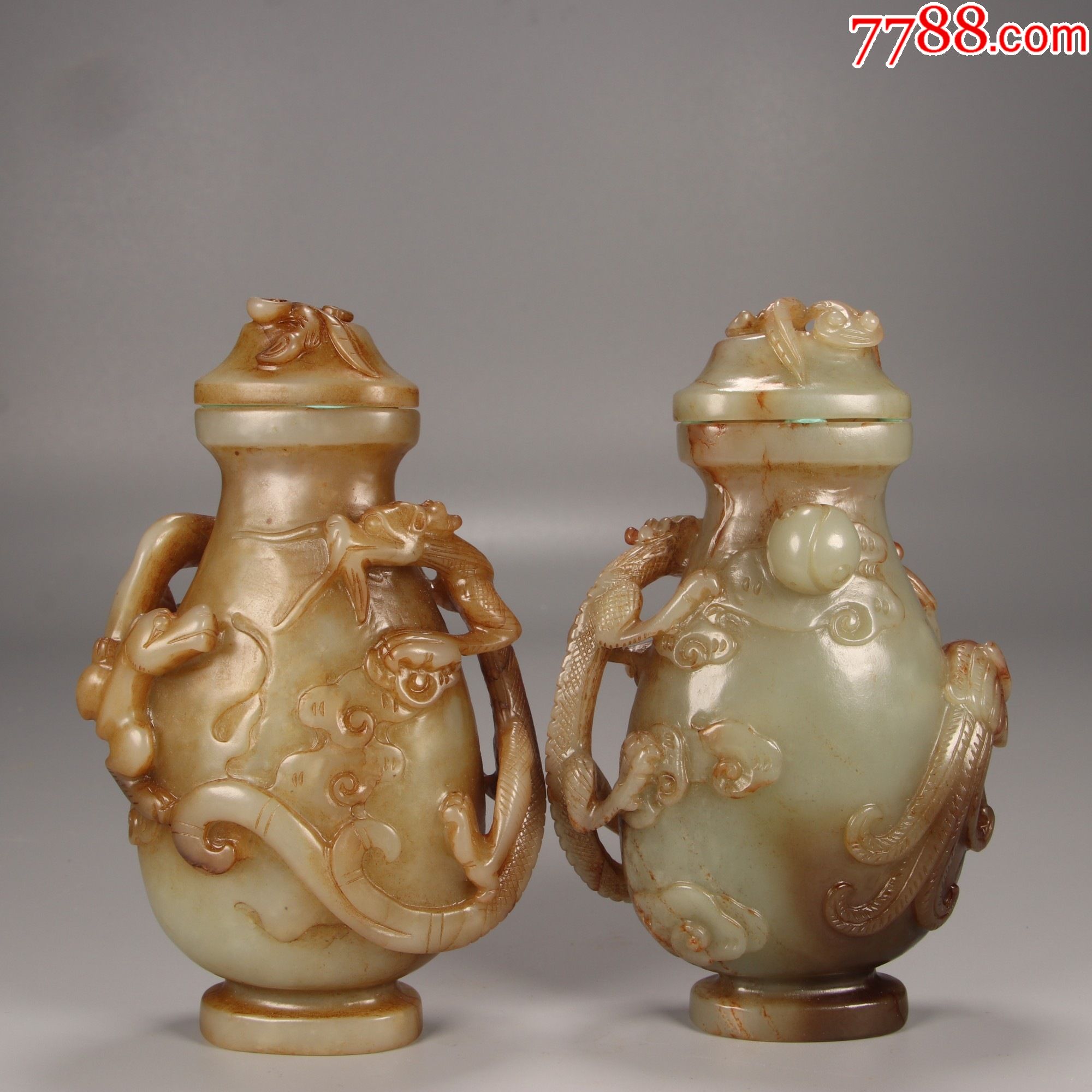 和田白玉带沁龙凤呈祥赏瓶一对