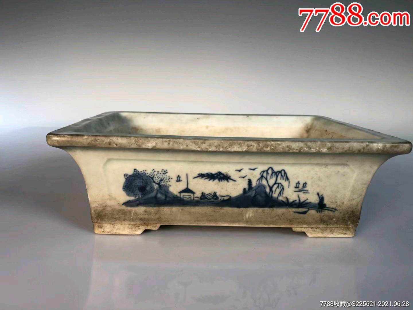 民国青花山水人物纹水仙盆