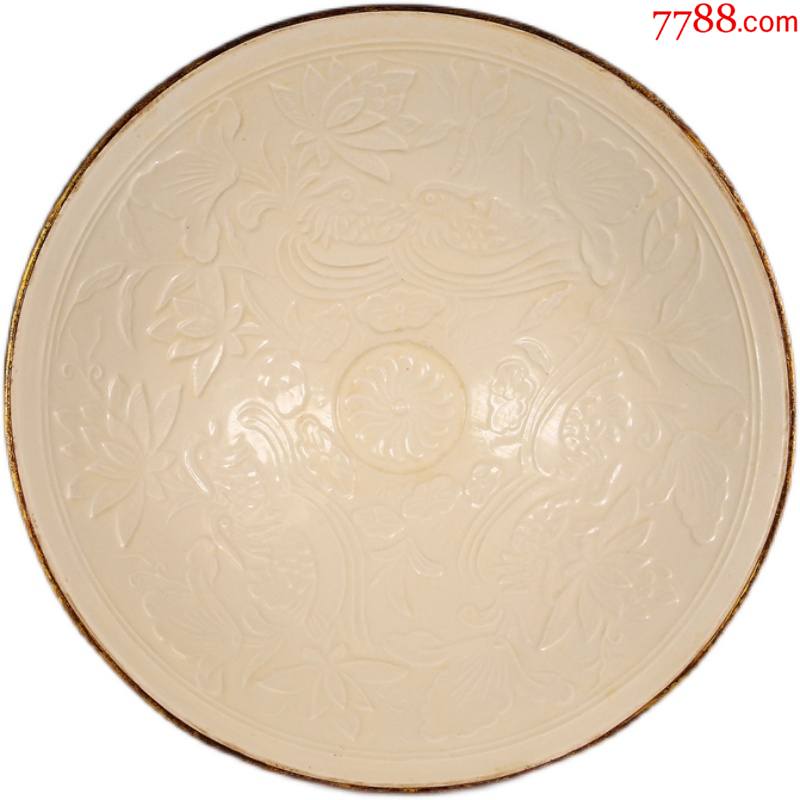 定窑鸳鸯戏水纹镶口斗笠碗(工艺品)