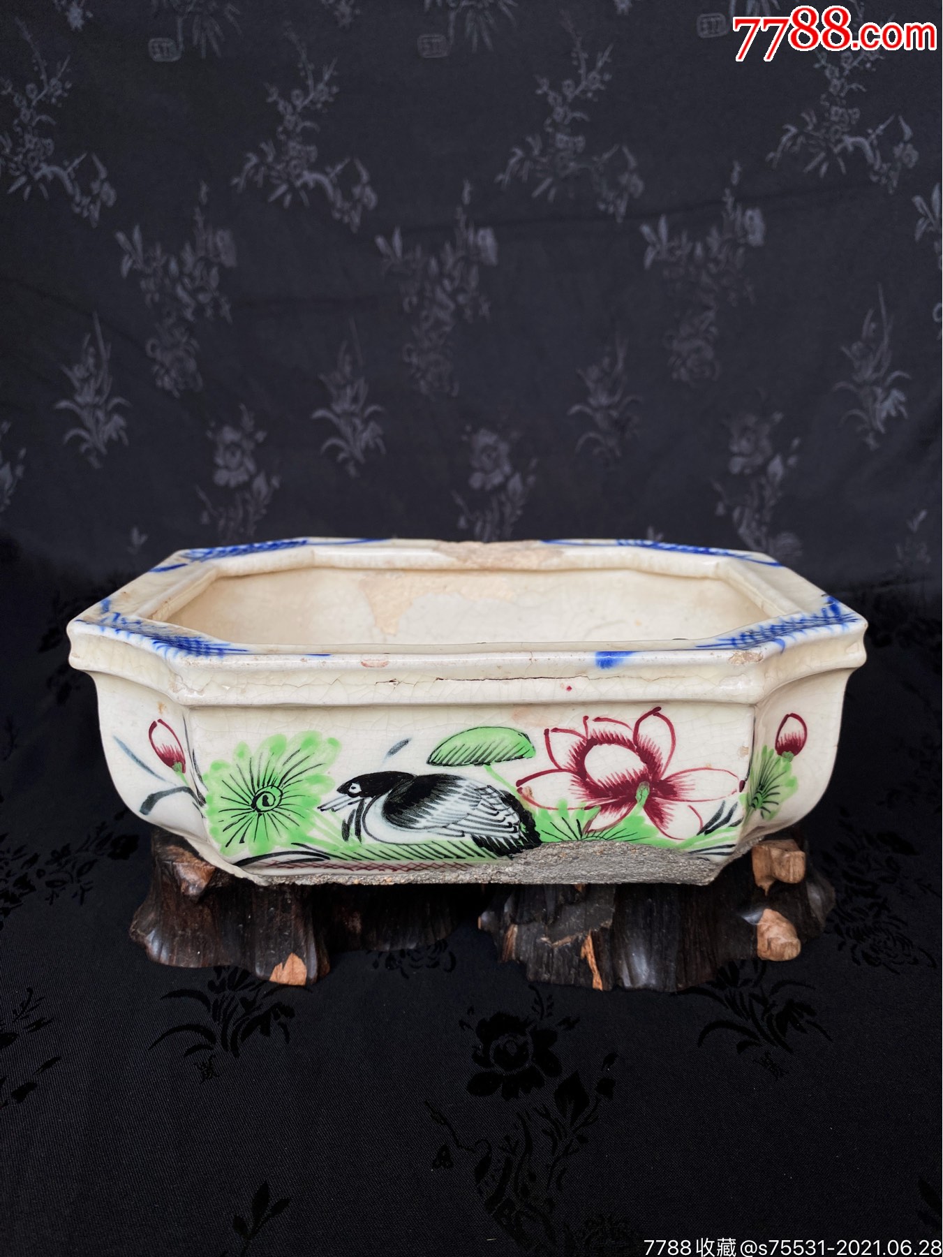 民国淄博窑红绿彩手绘花鸟水仙盆花盆-彩绘瓷/彩瓷-7788陶瓷