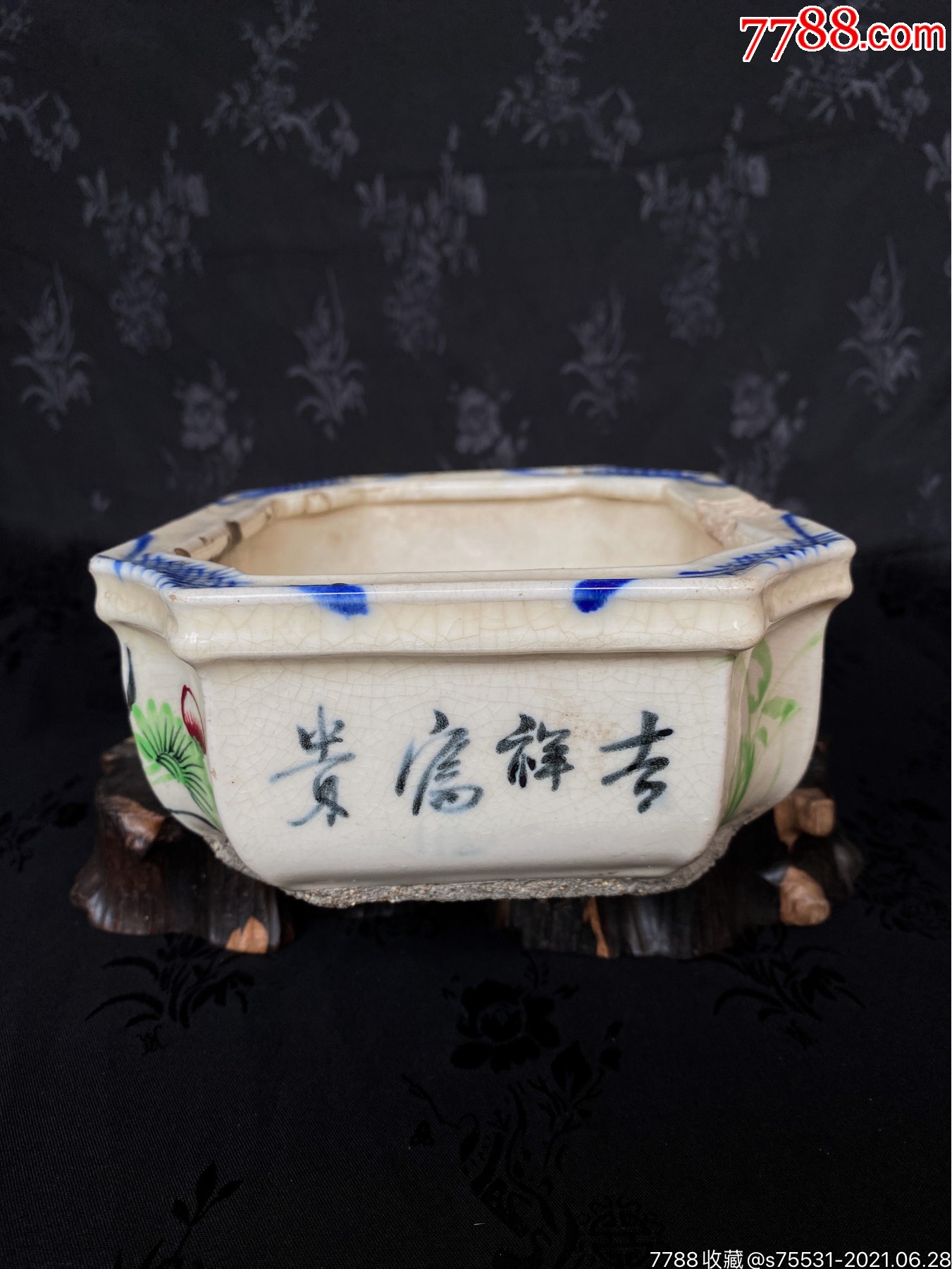 民国淄博窑红绿彩手绘花鸟水仙盆花盆_第4张_7788陶瓷