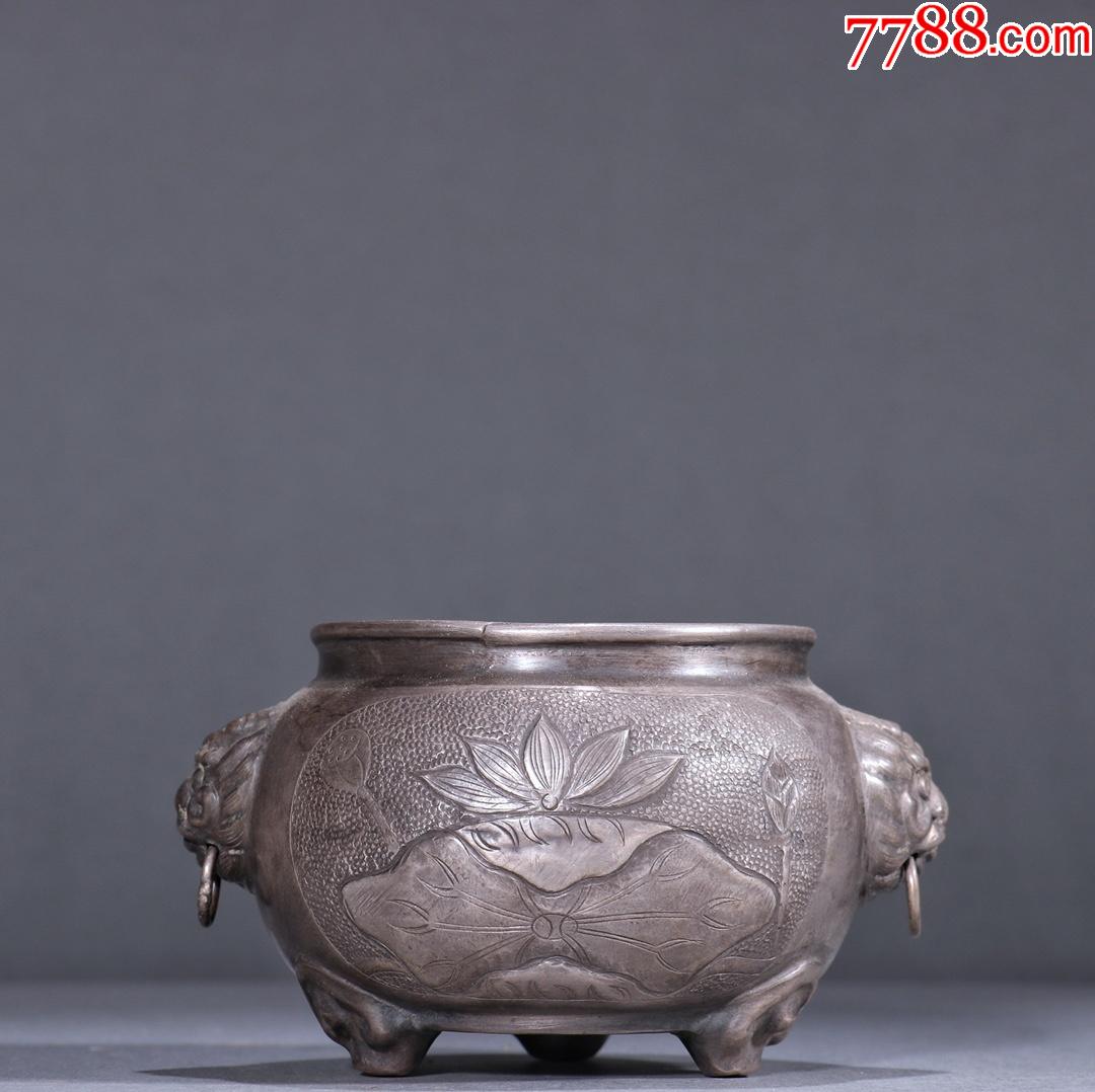 回流老纯银花卉纹兽耳香炉