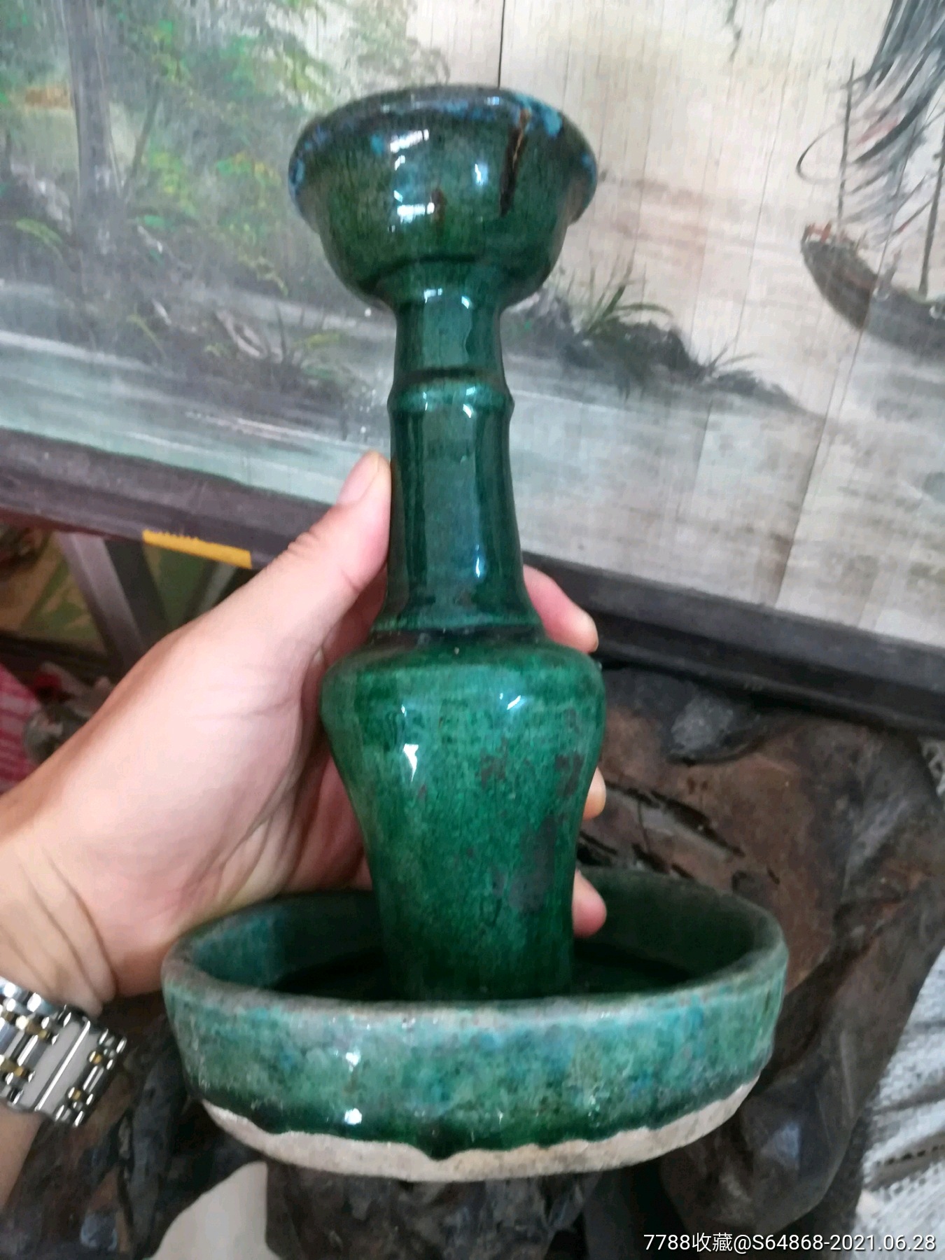 清代石湾绿釉瓷灯盏烛台