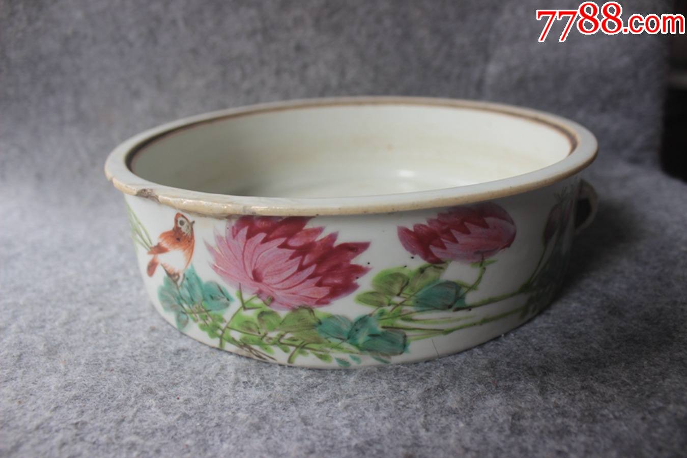 晚清民国手绘粉彩花鸟水仙盆文字在文革时挫失22*6.5厘米zz.3161