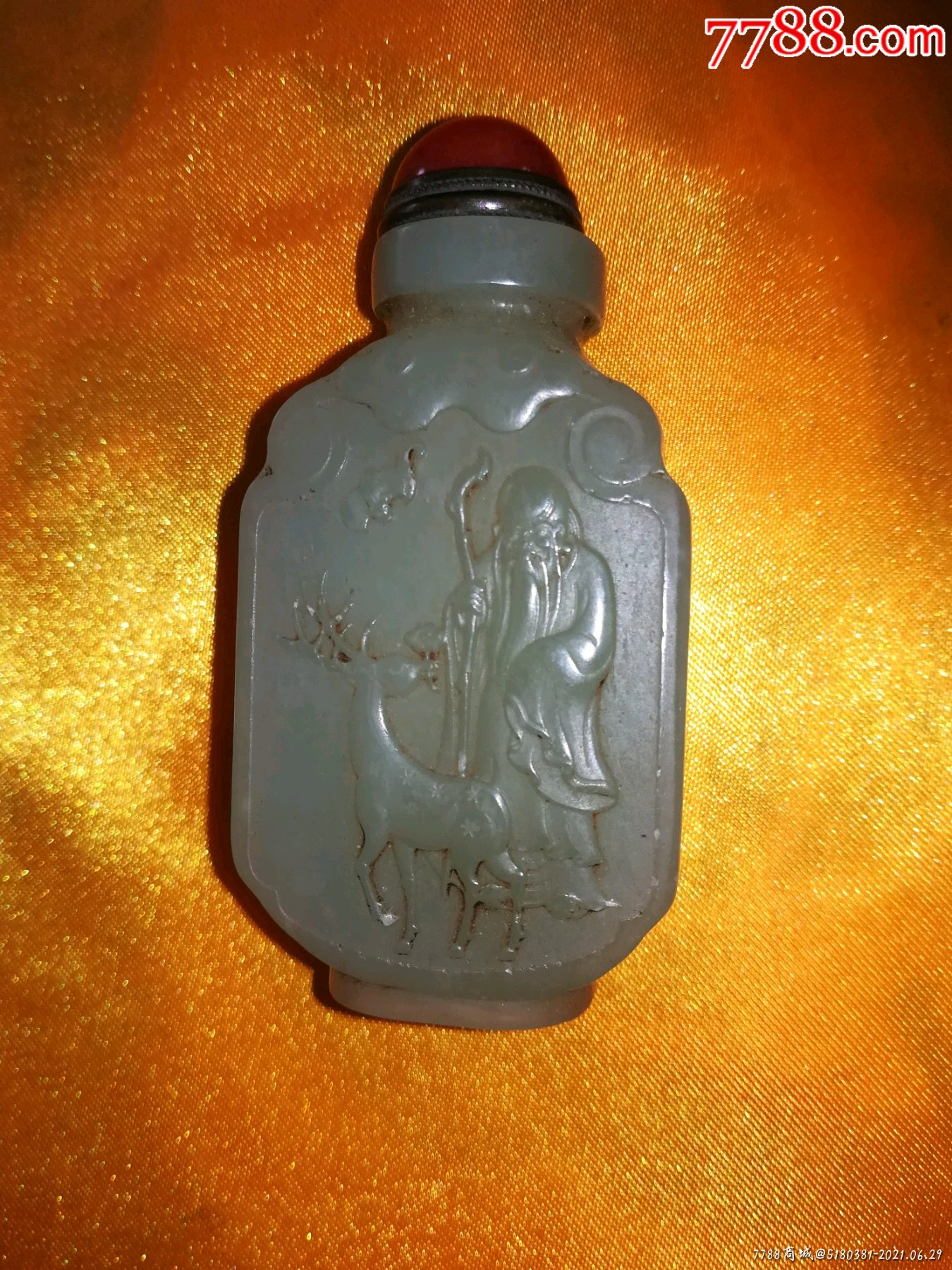 老和田玉青白玉雕福禄寿喜鼻烟壶烟具手把玩件摆件