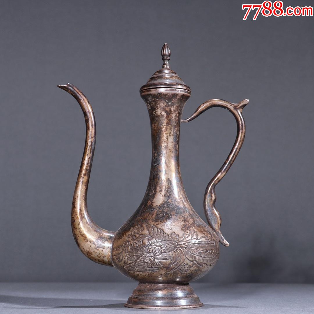 晚清老纯银龙凤呈祥酒壶