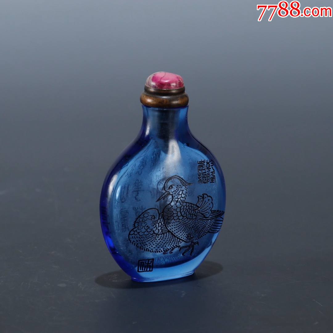 旧藏蓝琉璃鸳鸯鼻烟壶