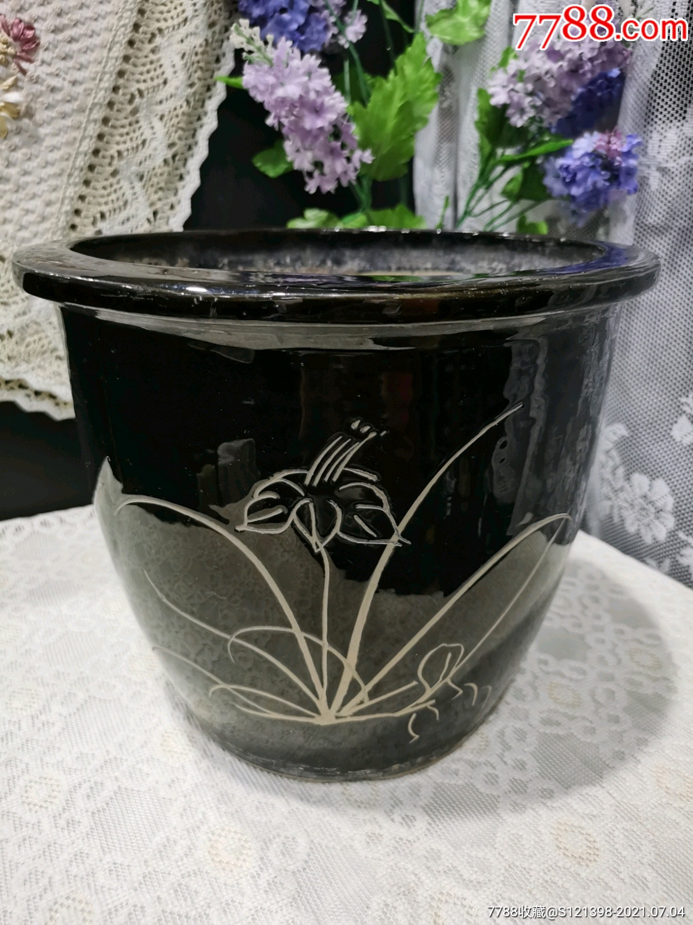 黑色釉蘭花圖案花盆_價格200元【東北古玩舊貨店】_第1張_7788收藏