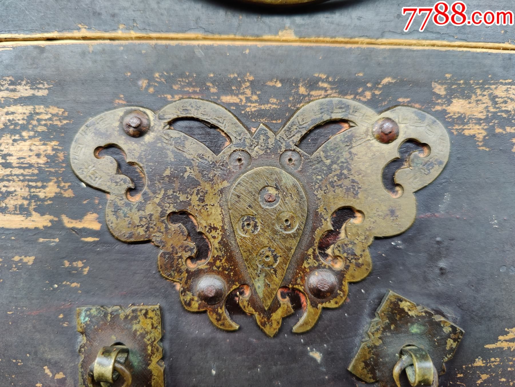 清代古玩老物件铜器摆件民俗品老柜子三块抽屉板老铜活拉手