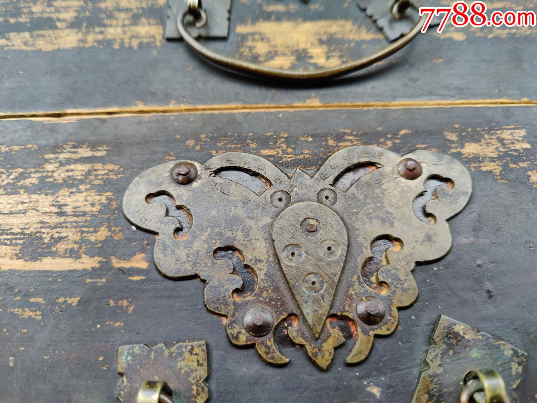 清代古玩老物件铜器摆件民俗品老柜子三块抽屉板老铜活拉手