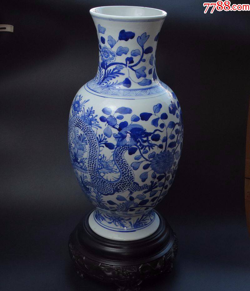 57古玩古董老货真品150件清代花间双龙全瓶满工青花瓶嫁妆瓶带座