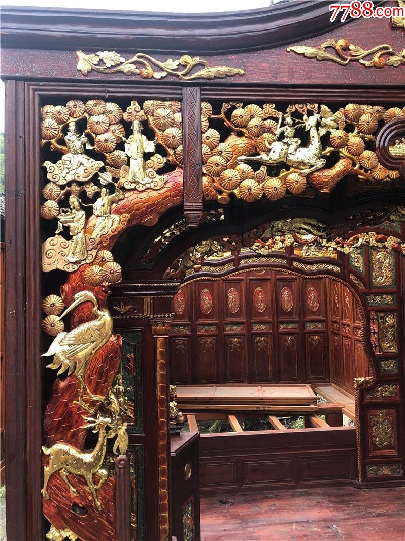 民俗文化收藏三进千工床寿松福鹿拔步床架子床老物件古董床下乡_木床