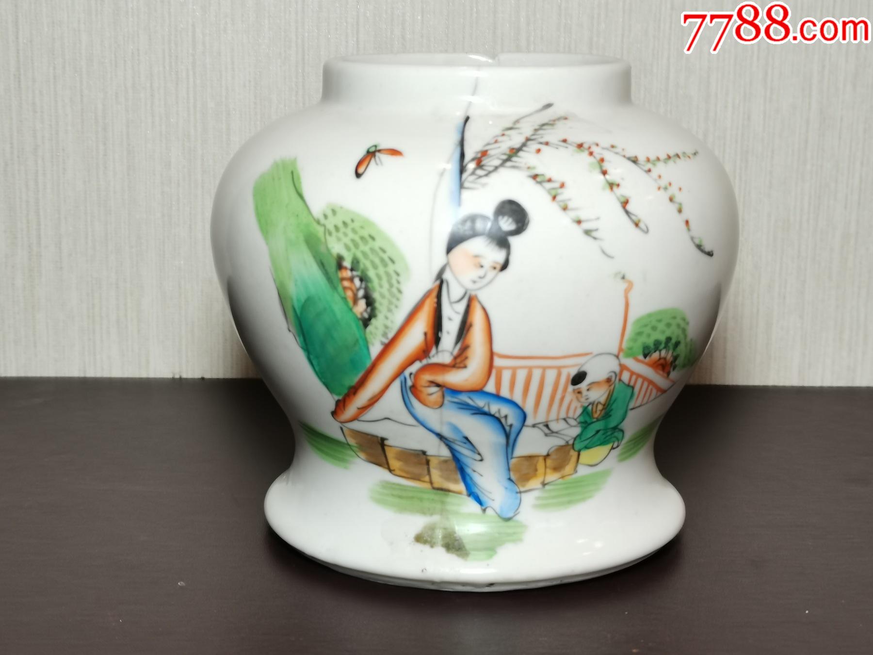 民国粉彩人物三娘教子瓷小将军罐标本器.