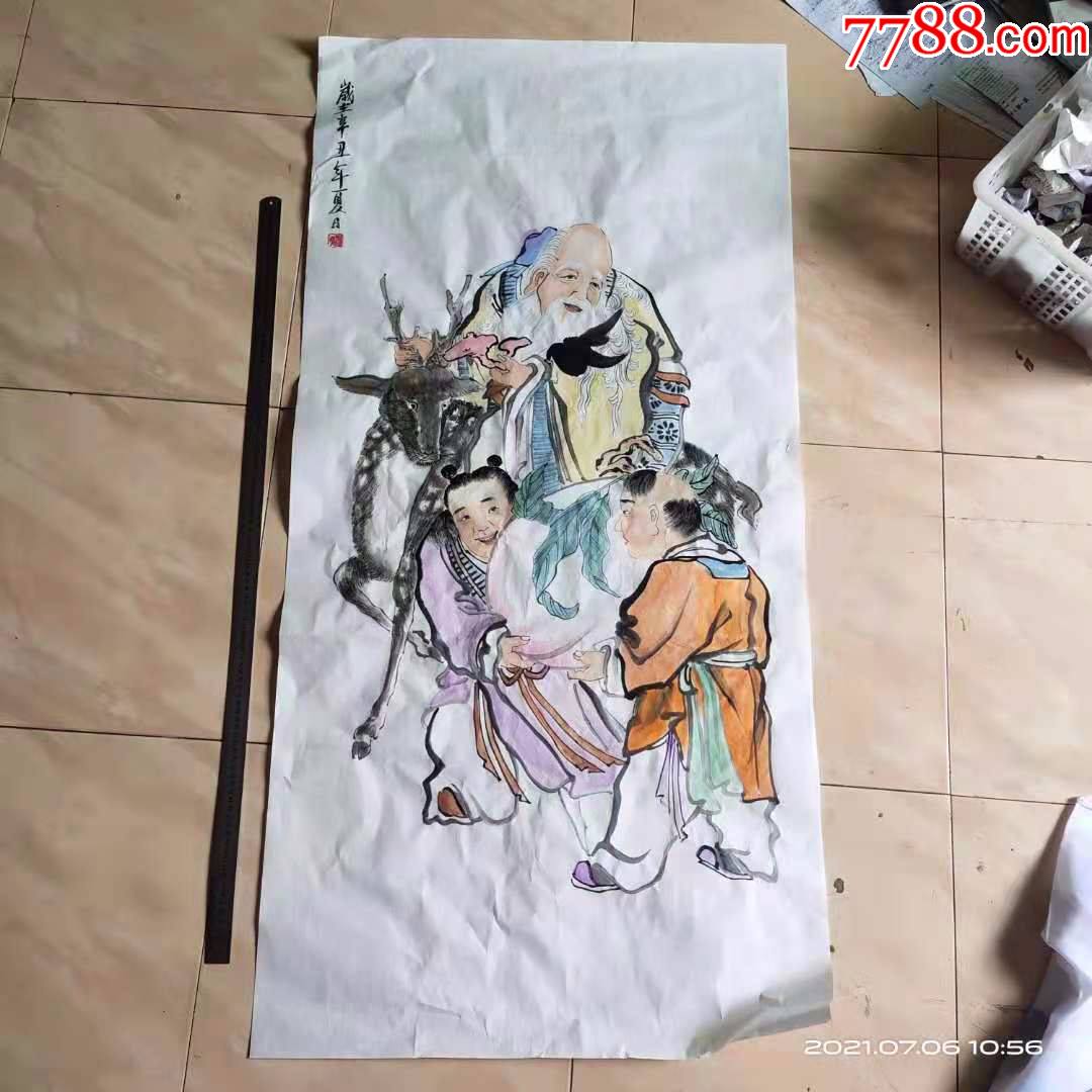 四尺大尺寸人物画国画宣纸画寿星带着两个仙童捧着寿桃骑梅花鹿