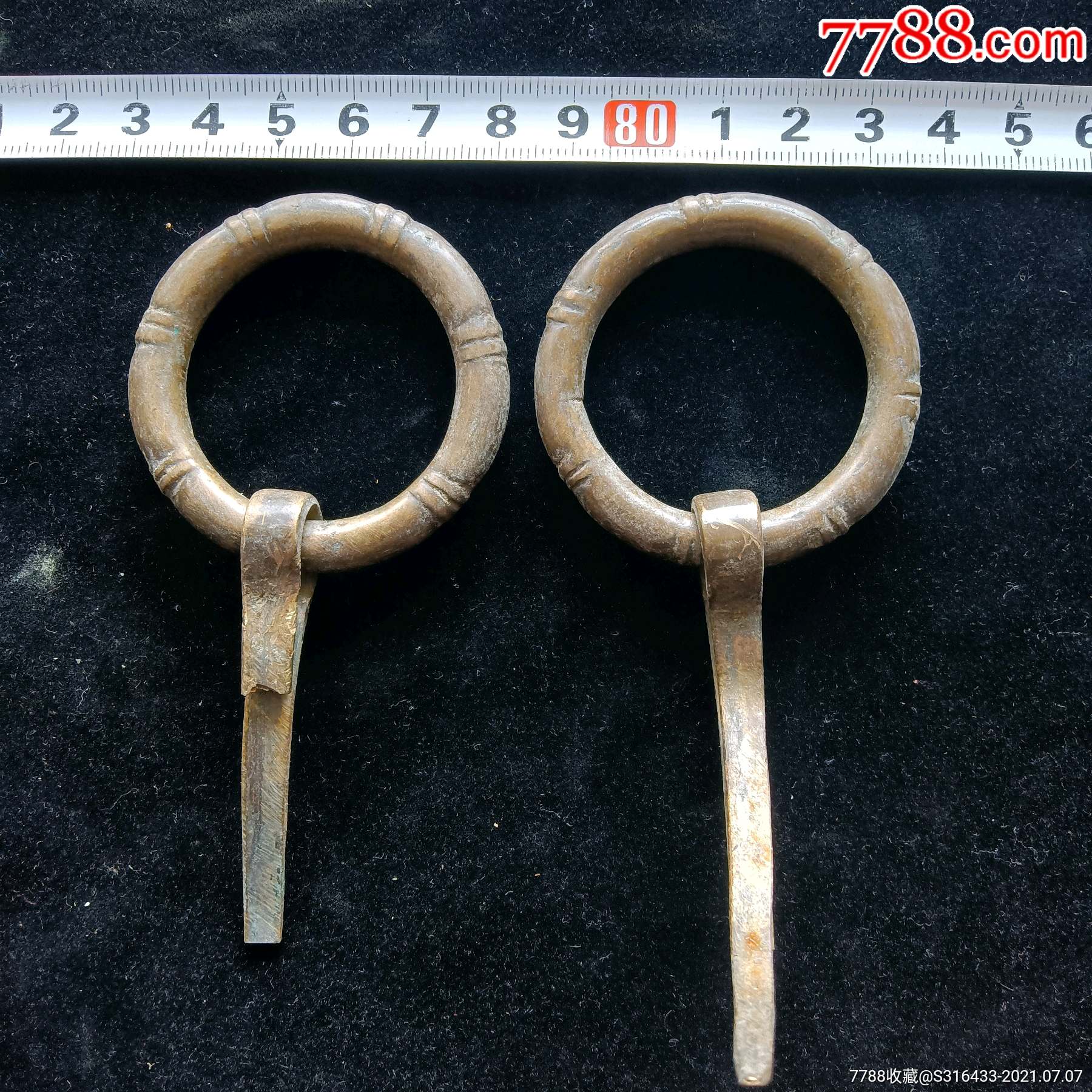 清末竹节纹铜环一对