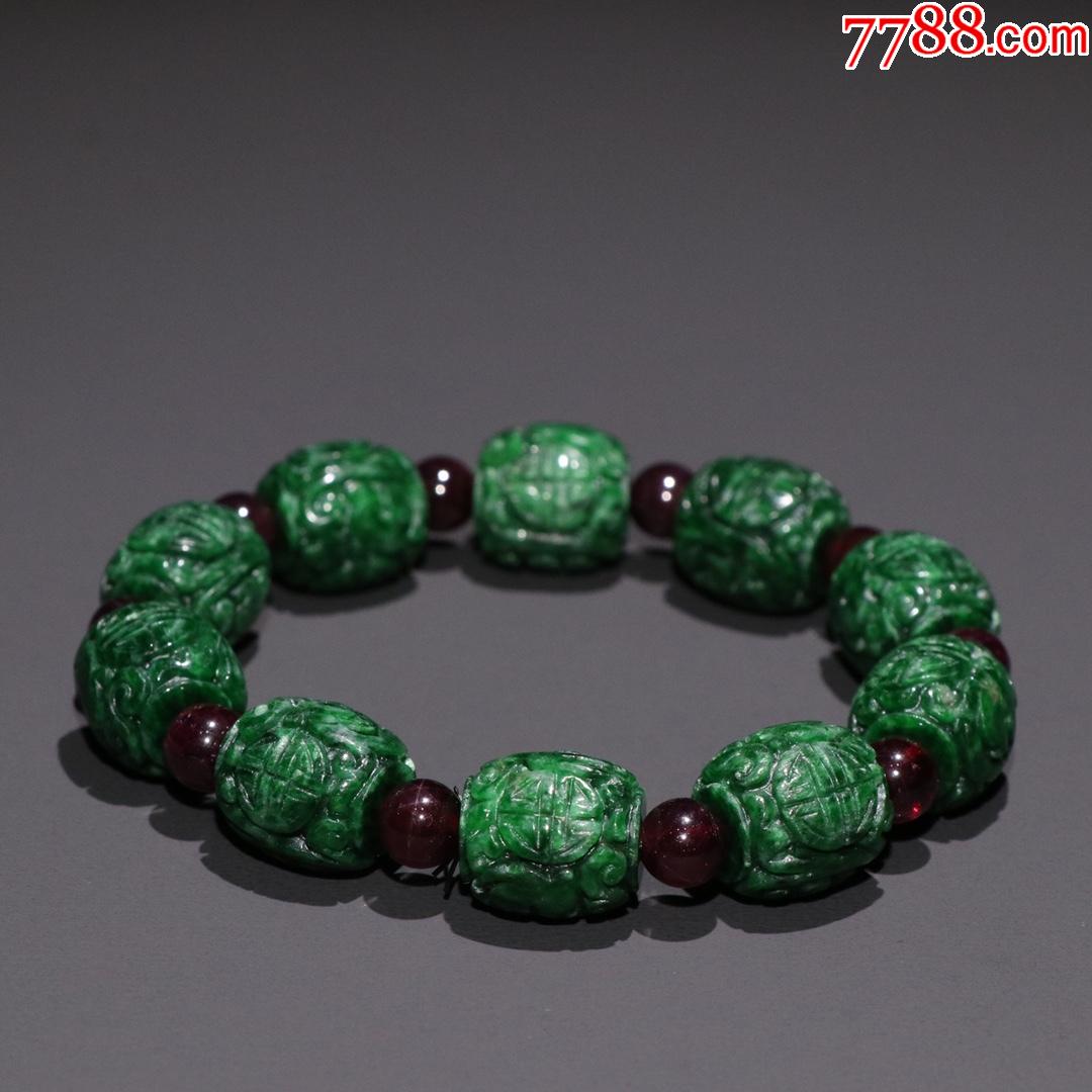 旧藏老翡翠雕螭龙献寿纹桶珠手串