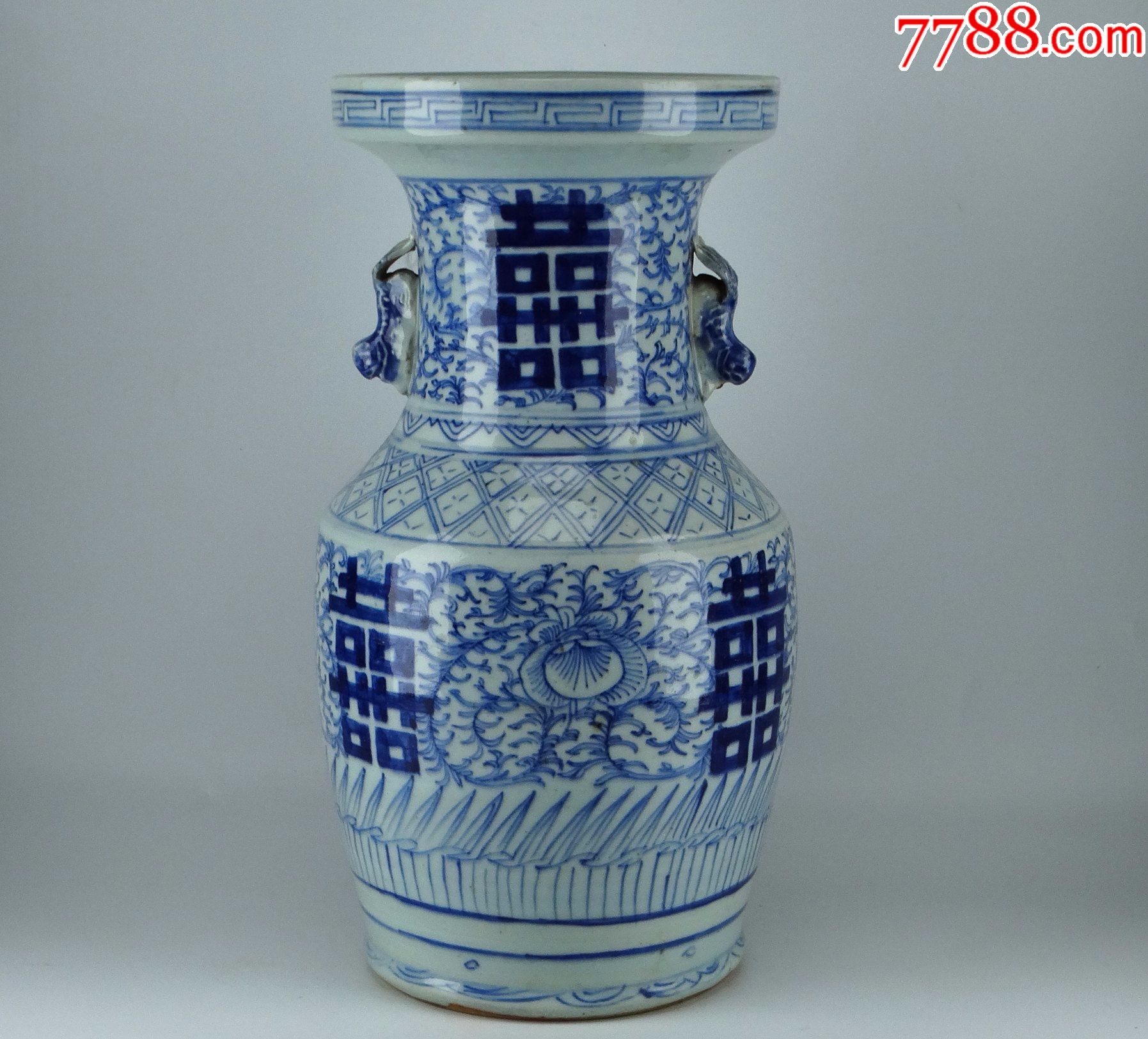 119古玩摆明代清代中期民国真品老货嘉庆道光盘口狮耳青花双喜瓶