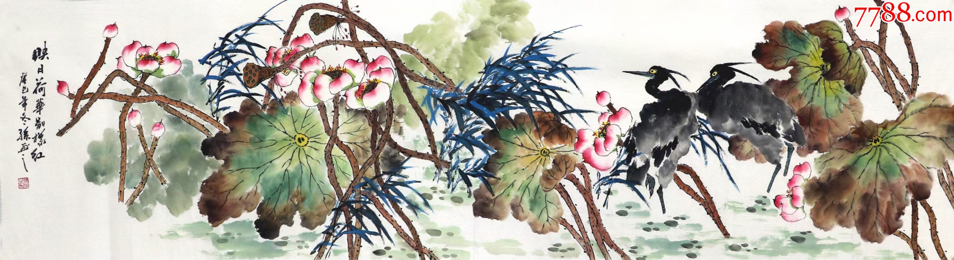 孙洋六尺对开花鸟荷花05-花鸟国画原作-7788股票收藏