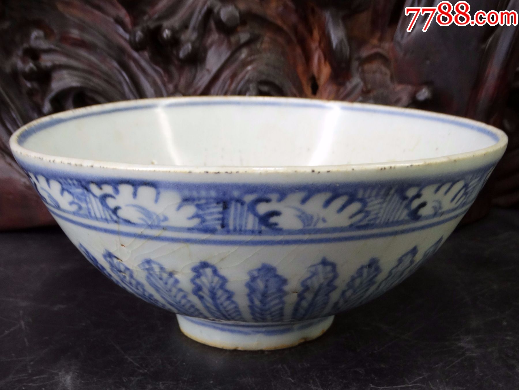 80古玩古董老貨真品包真包鑑定明代正德本朝景德鎮蕉葉紋青花碗_價格