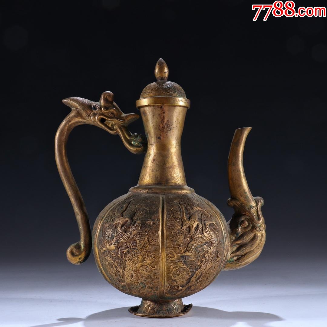 铜鎏金花卉龙纹酒壶