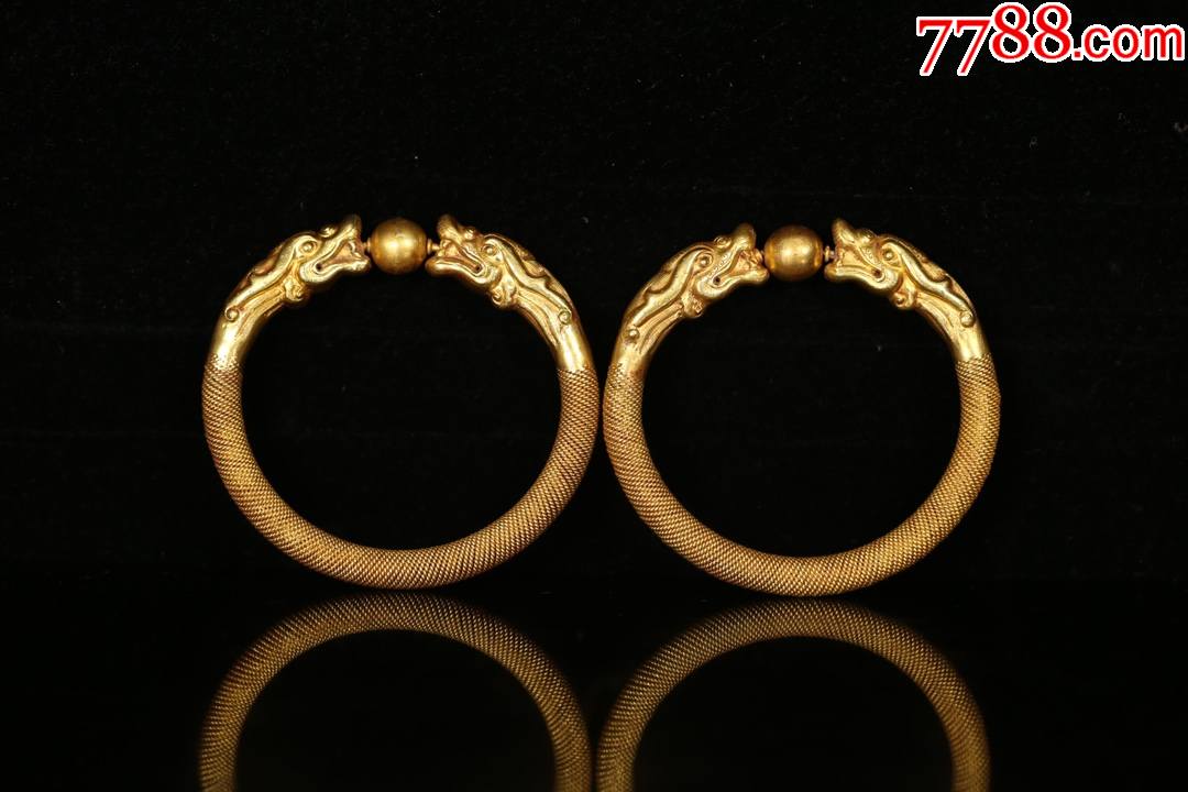 收藏精品清金器黄金双龙戏珠手镯一对
