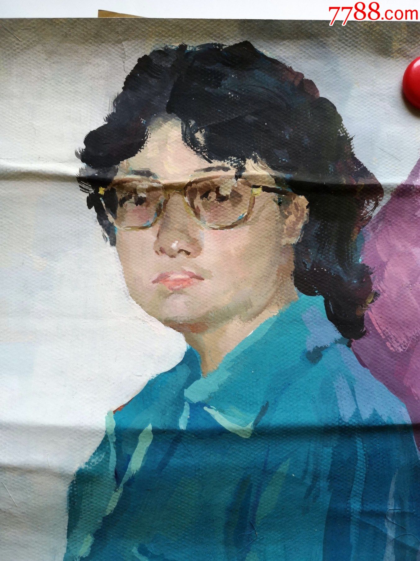 80年代大幅手绘水粉人物画稿原稿《穿蓝衣服的女性》(有款不识)