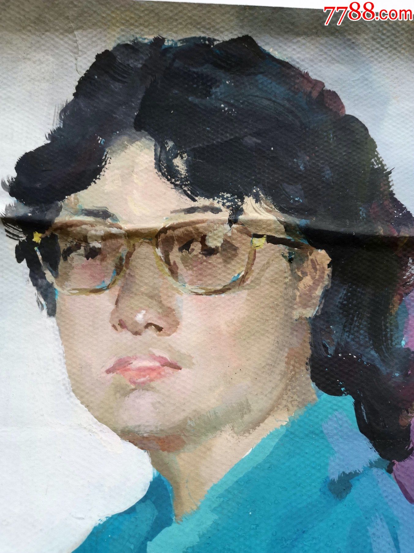 80年代大幅手绘水粉人物画稿原稿《穿蓝衣服的女性》(有款不识)