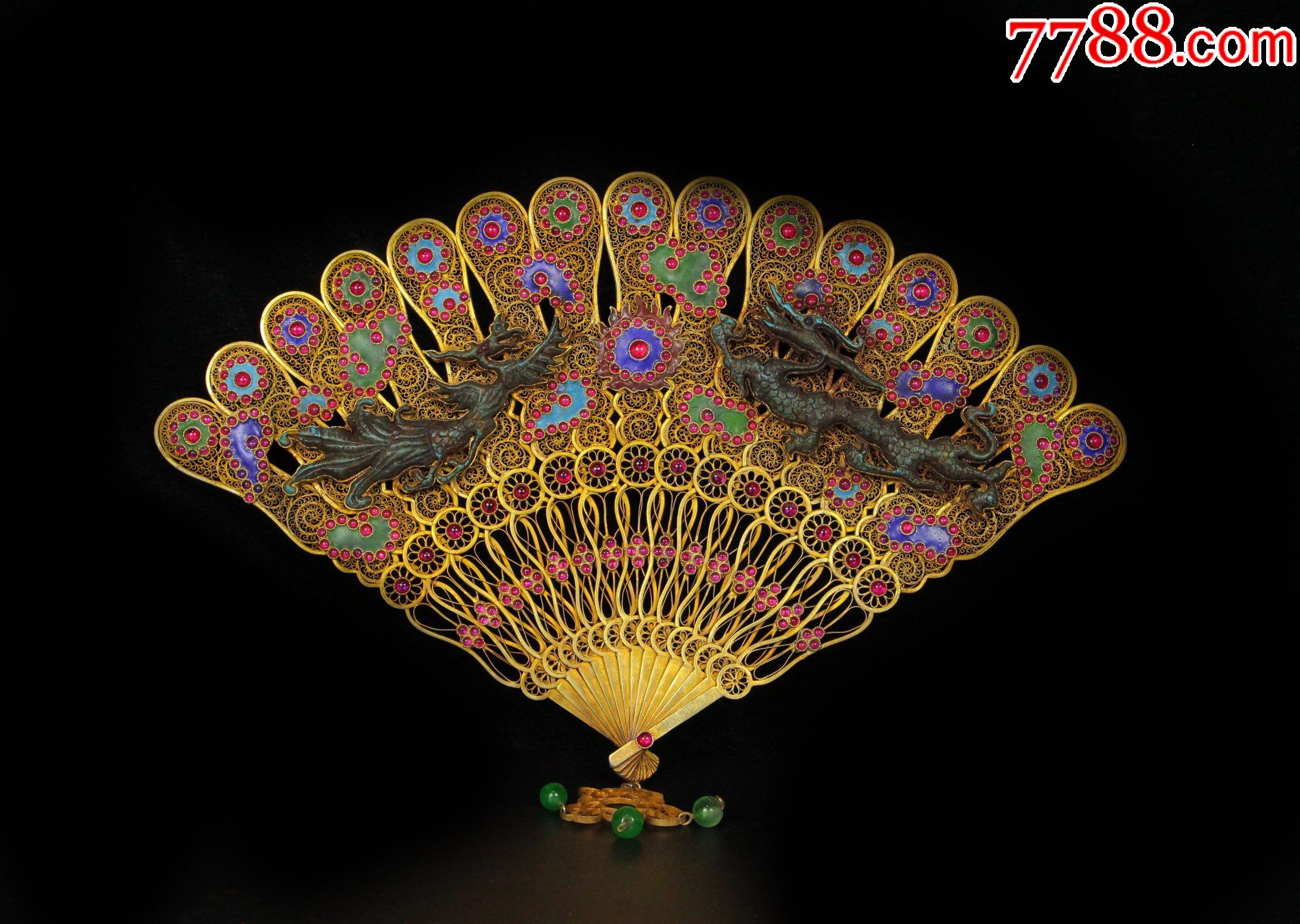 掐丝鎏金镶宝石龙凤扇a91s85f