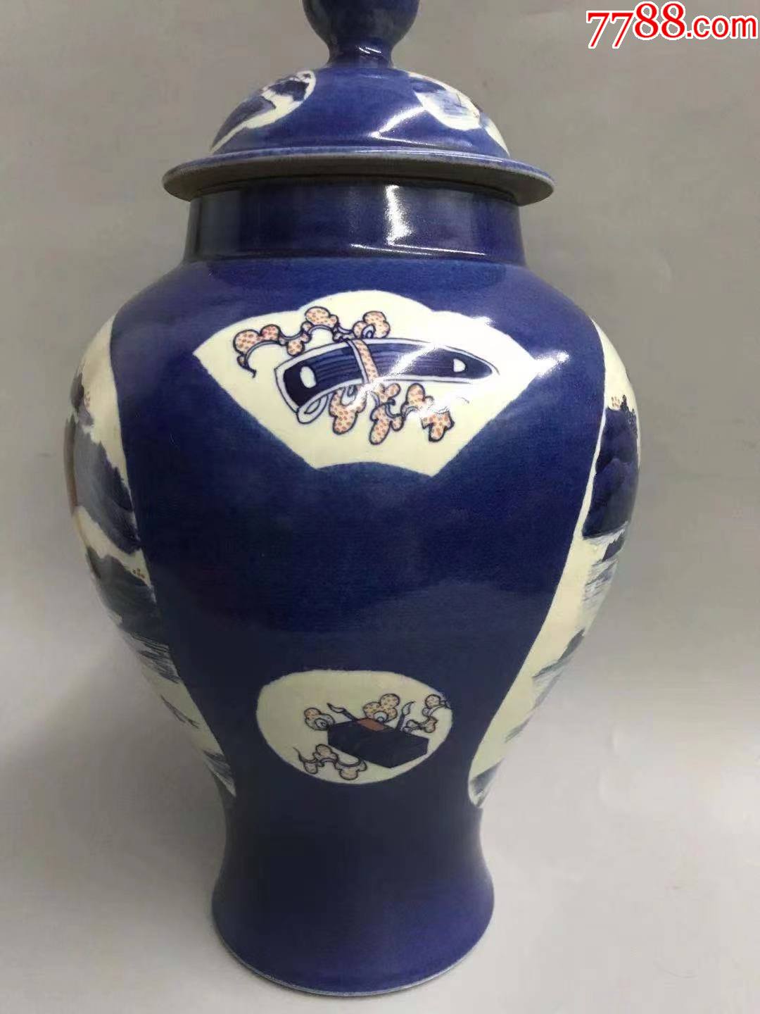 完美清康熙蓝地开窗青花山水人物将军罐_蓝釉瓷_第6张_7788瓷器