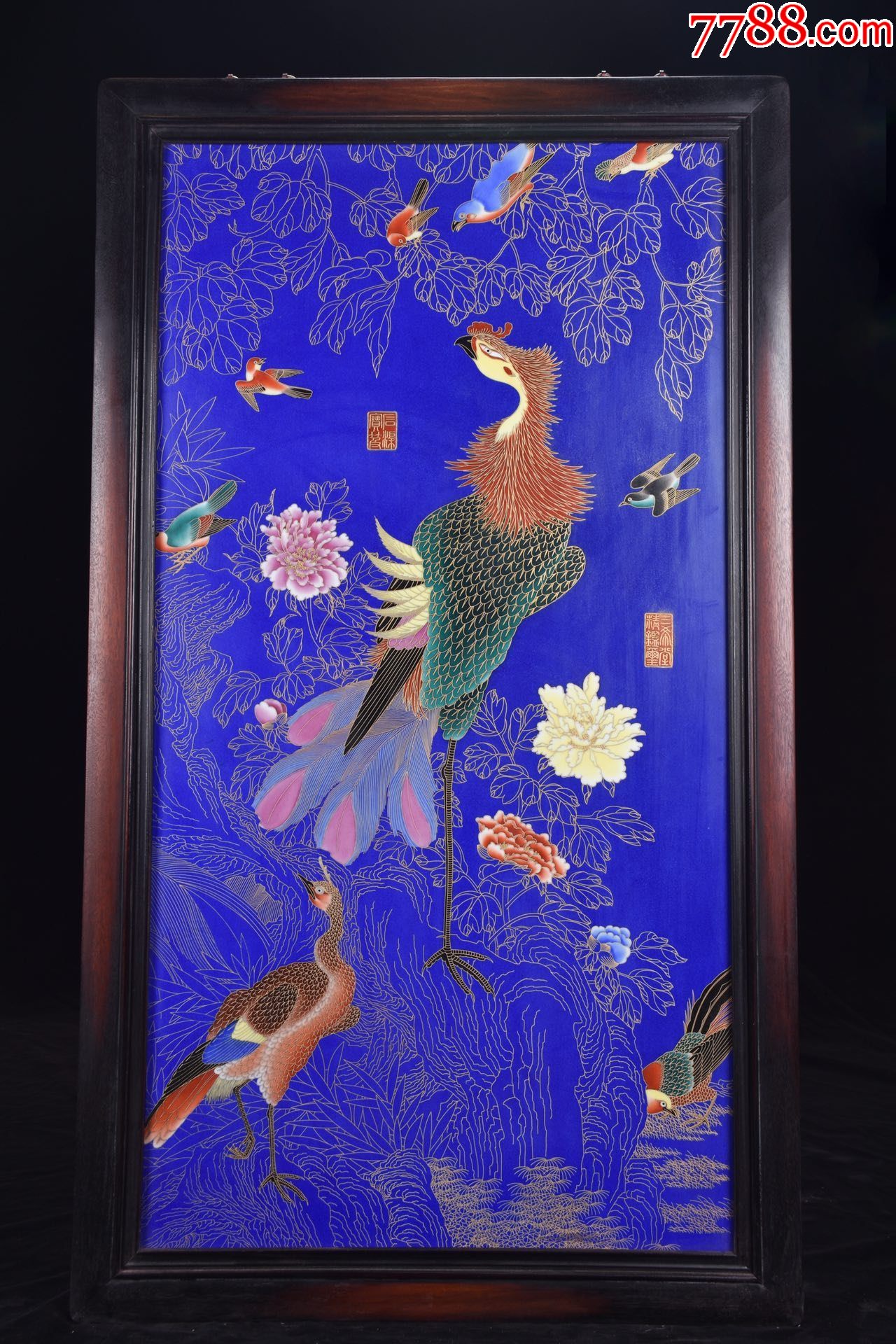 精品小叶紫檀老框镶瓷板画【百鸟朝凤】中堂挂屏