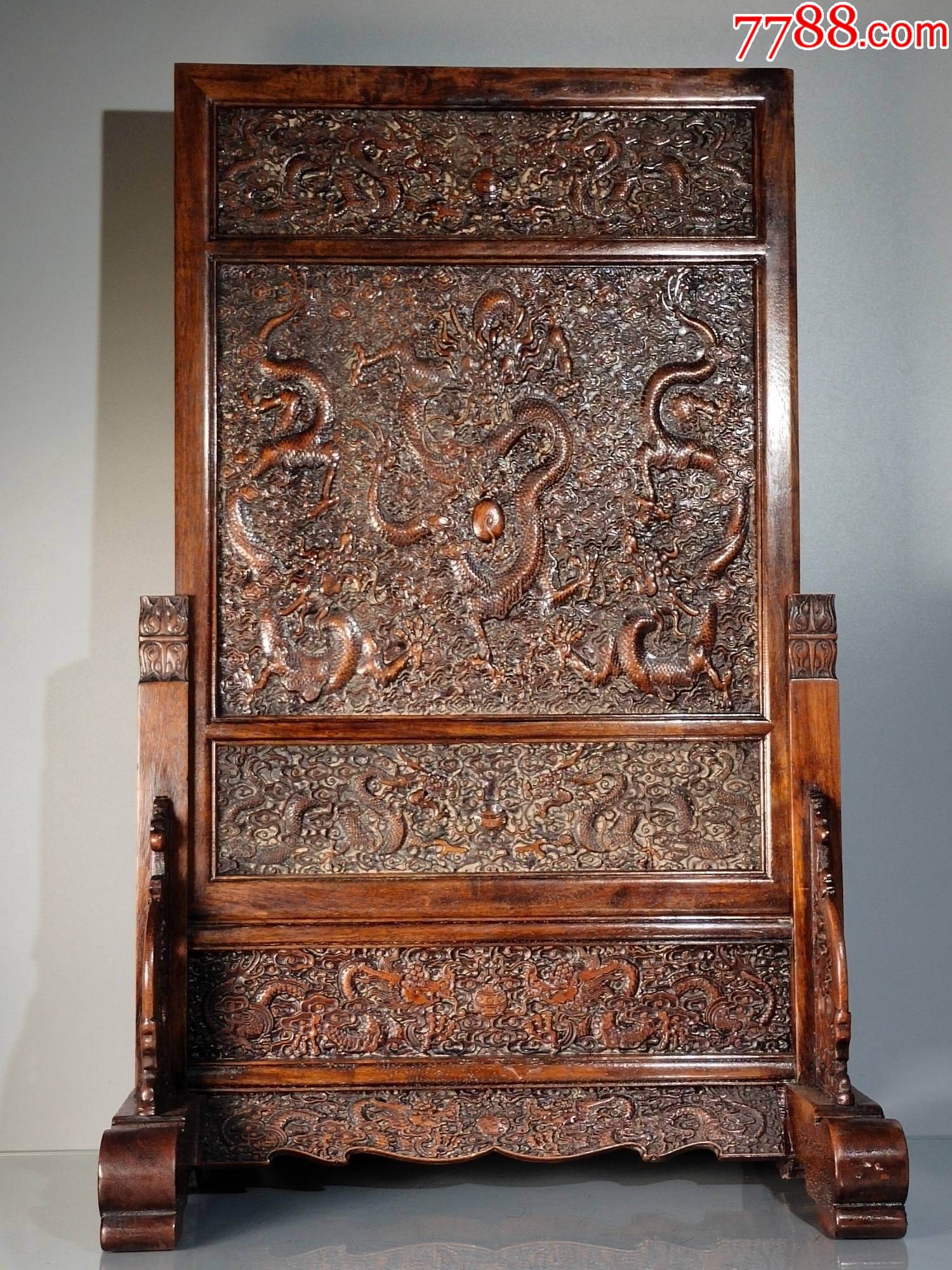 花梨木手工满工高浮雕龙纹大屏风摆件