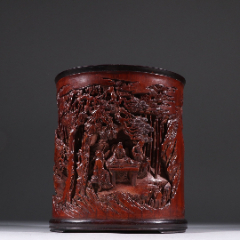 文鼎款竹雕人物故事笔筒