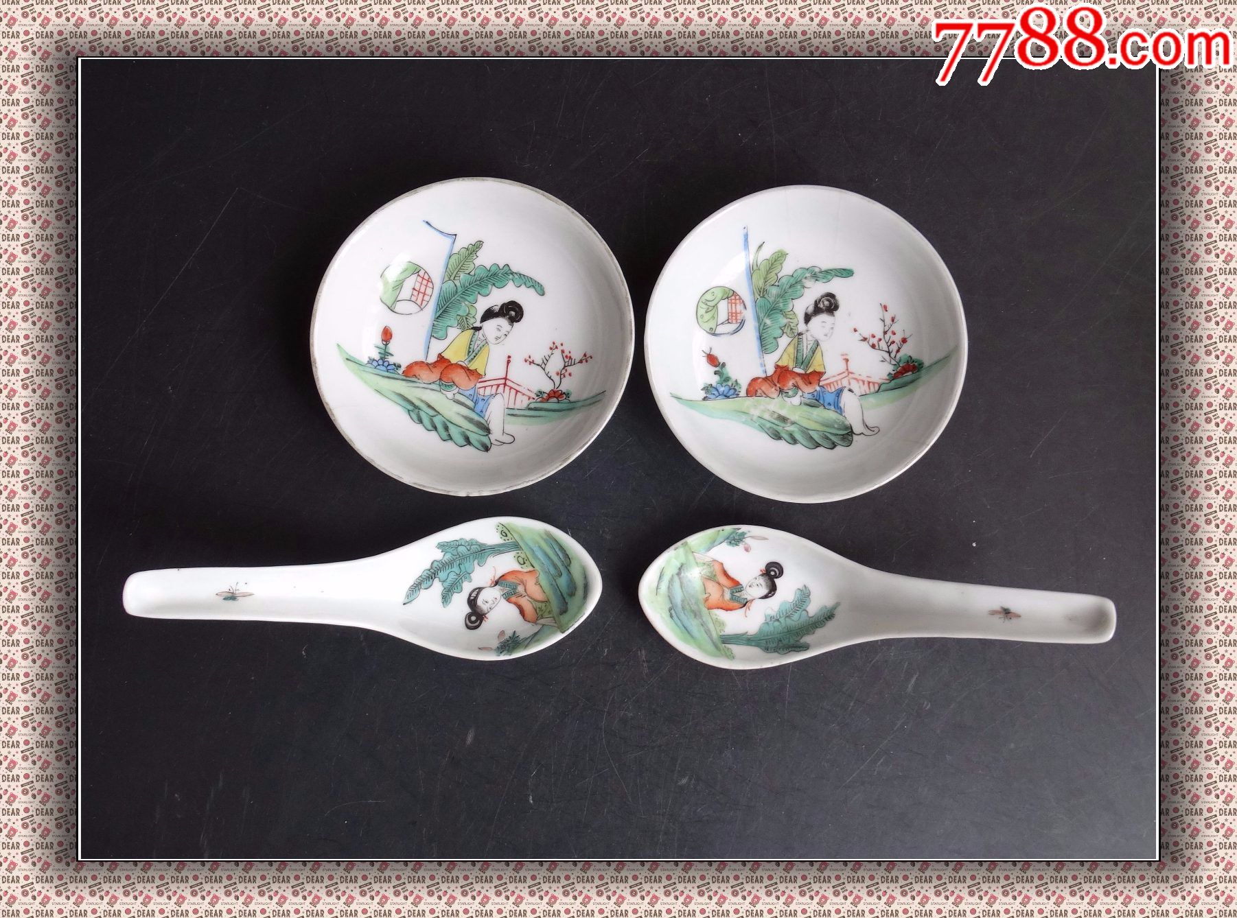 93#碟古玩古董瓷器收藏清代民国胡荣顺款仕女图彩绘碟调羹配套