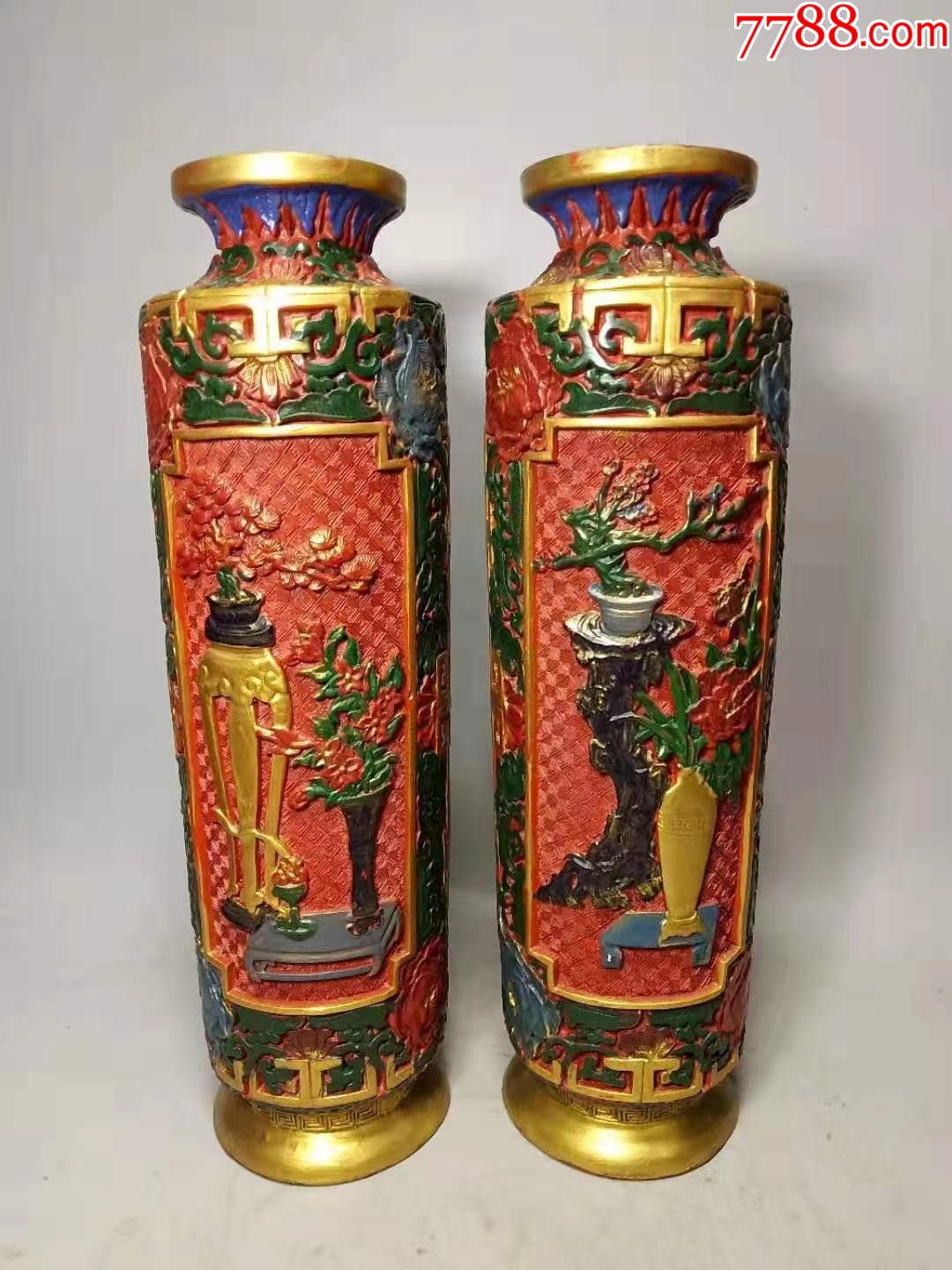 晚清民国彩绘漆器描金浮雕花开富贵花瓶一对