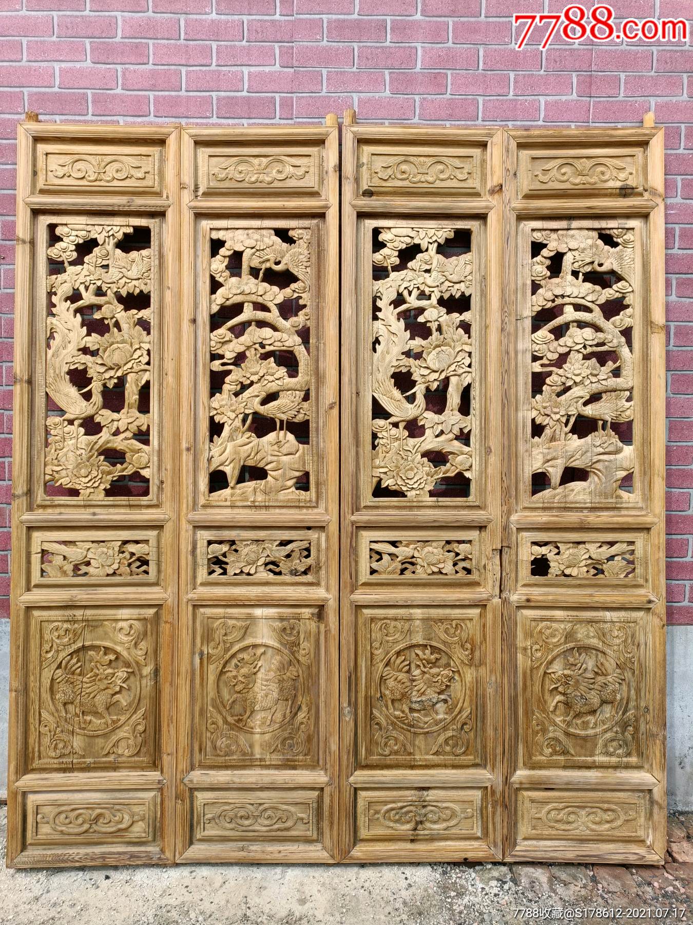 原木色精美花鸟老隔扇四片单片尺寸22850