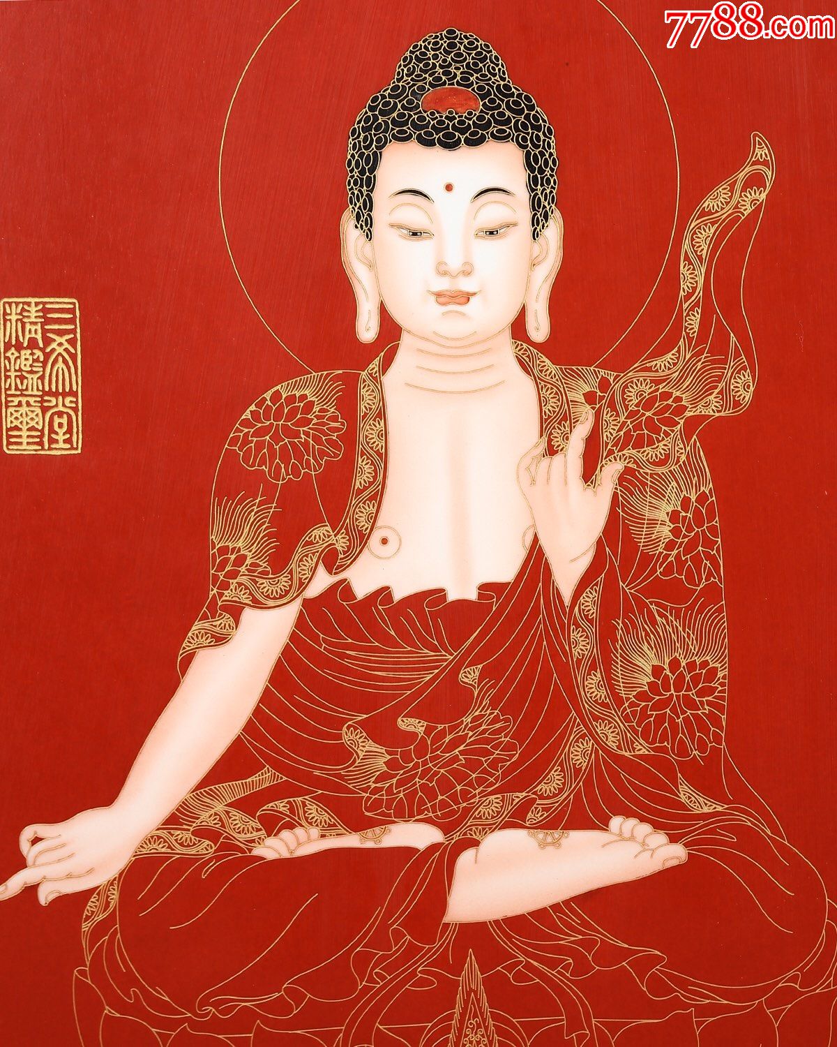 精品丁观鹏小叶紫檀老框镶瓷板画掐金丝珐琅【南无大通光佛】挂屏