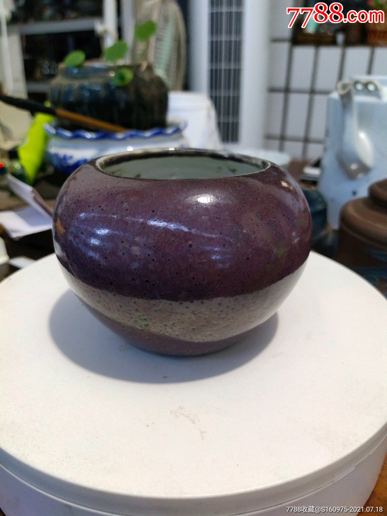 漂亮清代茄皮紫釉钵式水盂,10*5*7cm_紫釉瓷_第1张_7788瓷器