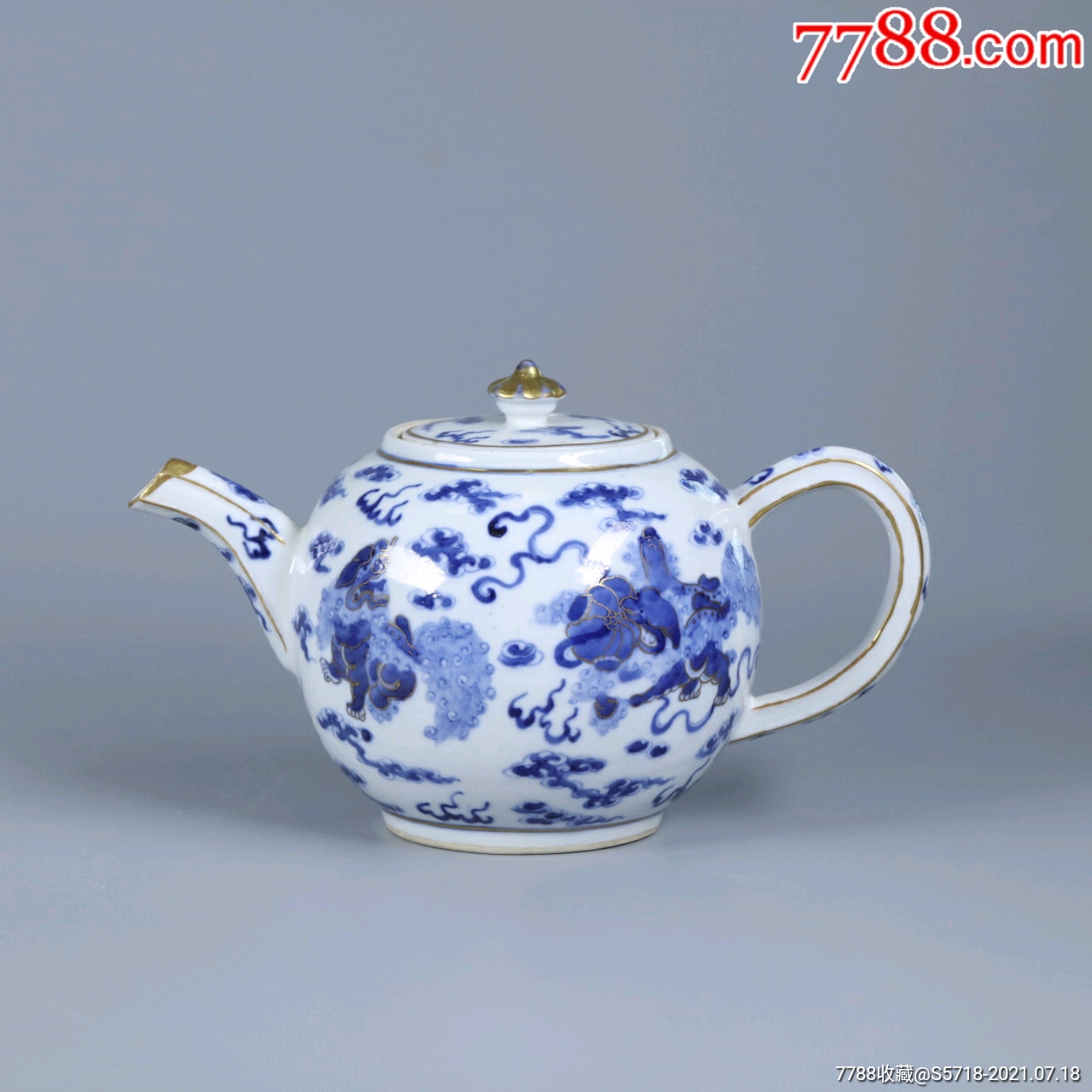 清中期青花描金太师少保茶壶,全品,23厘米