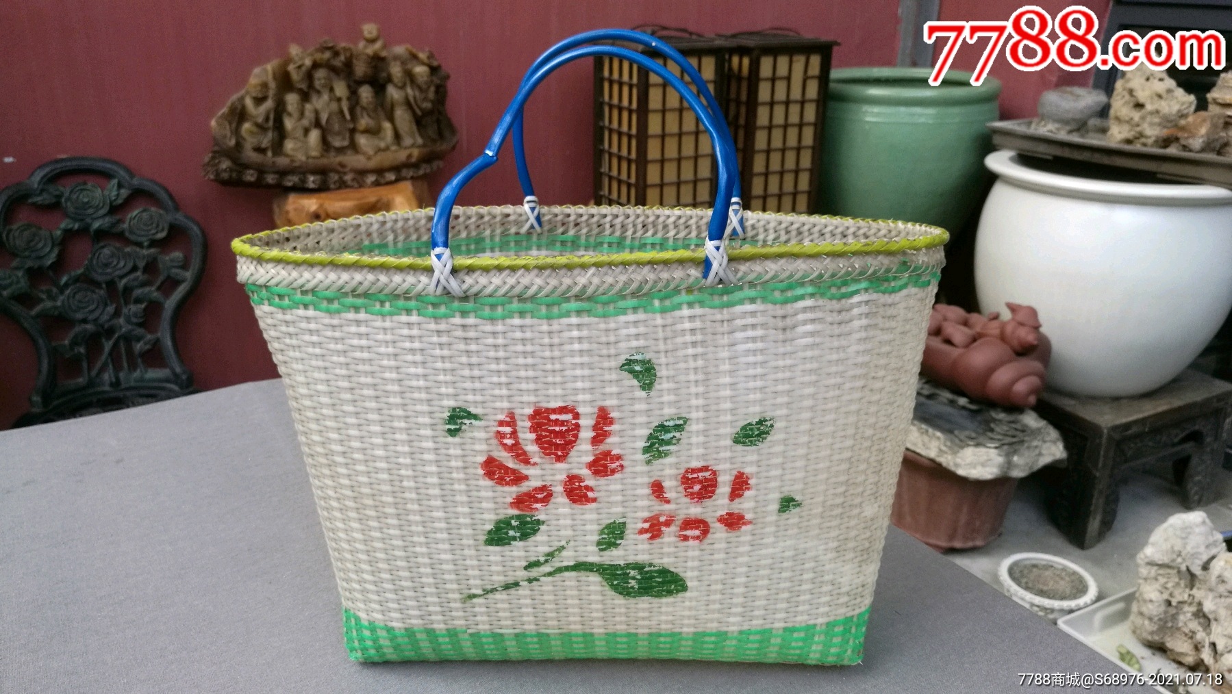 70年代塑编提篮买菜篮时代感强可做年代戏影视道具怀旧摆件